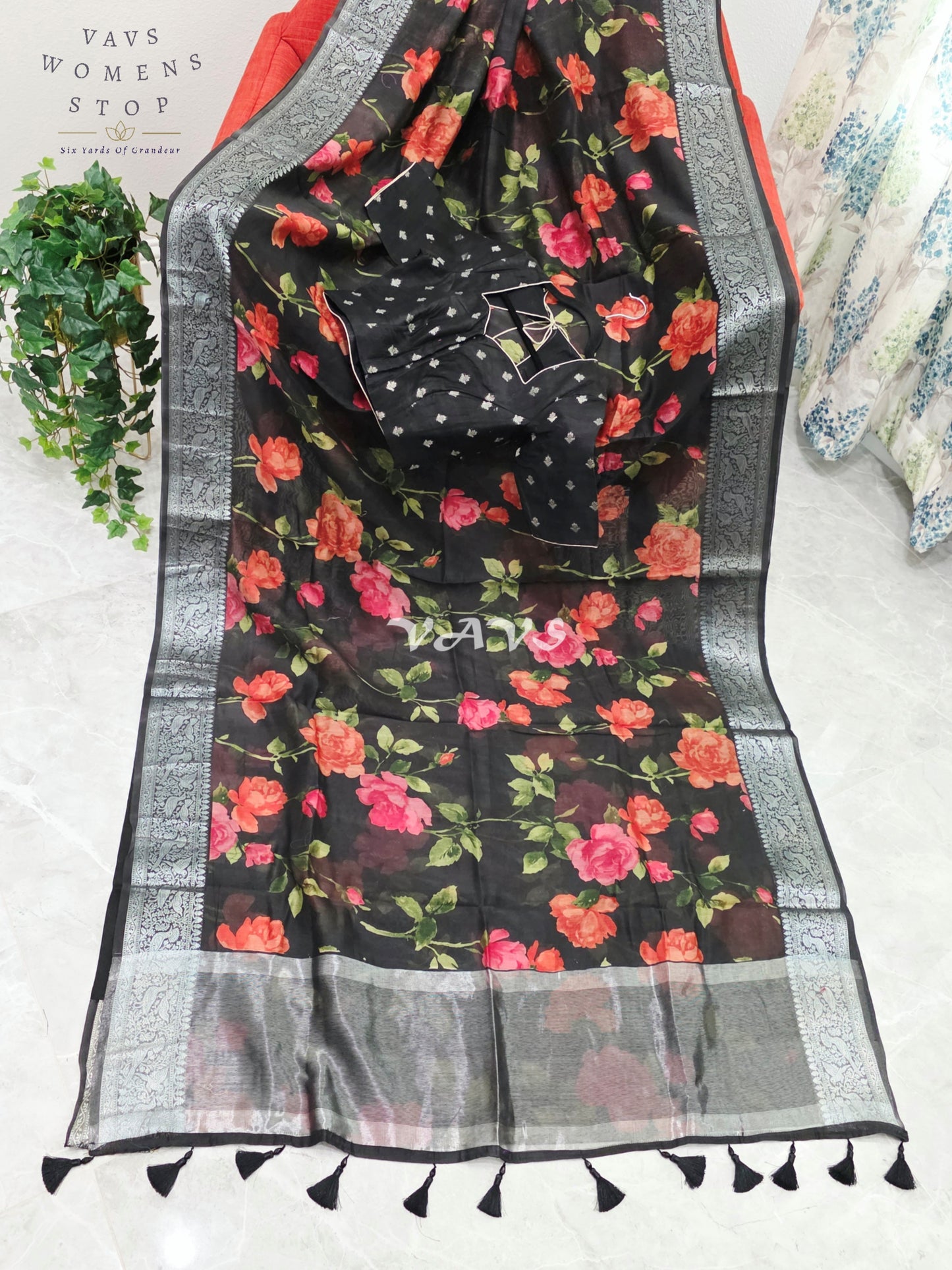 Royal Midnight Noir Floral Chanderi Linen Cotton Style Saree with Silver Zari Border & Stitched Blouse Size 34-40