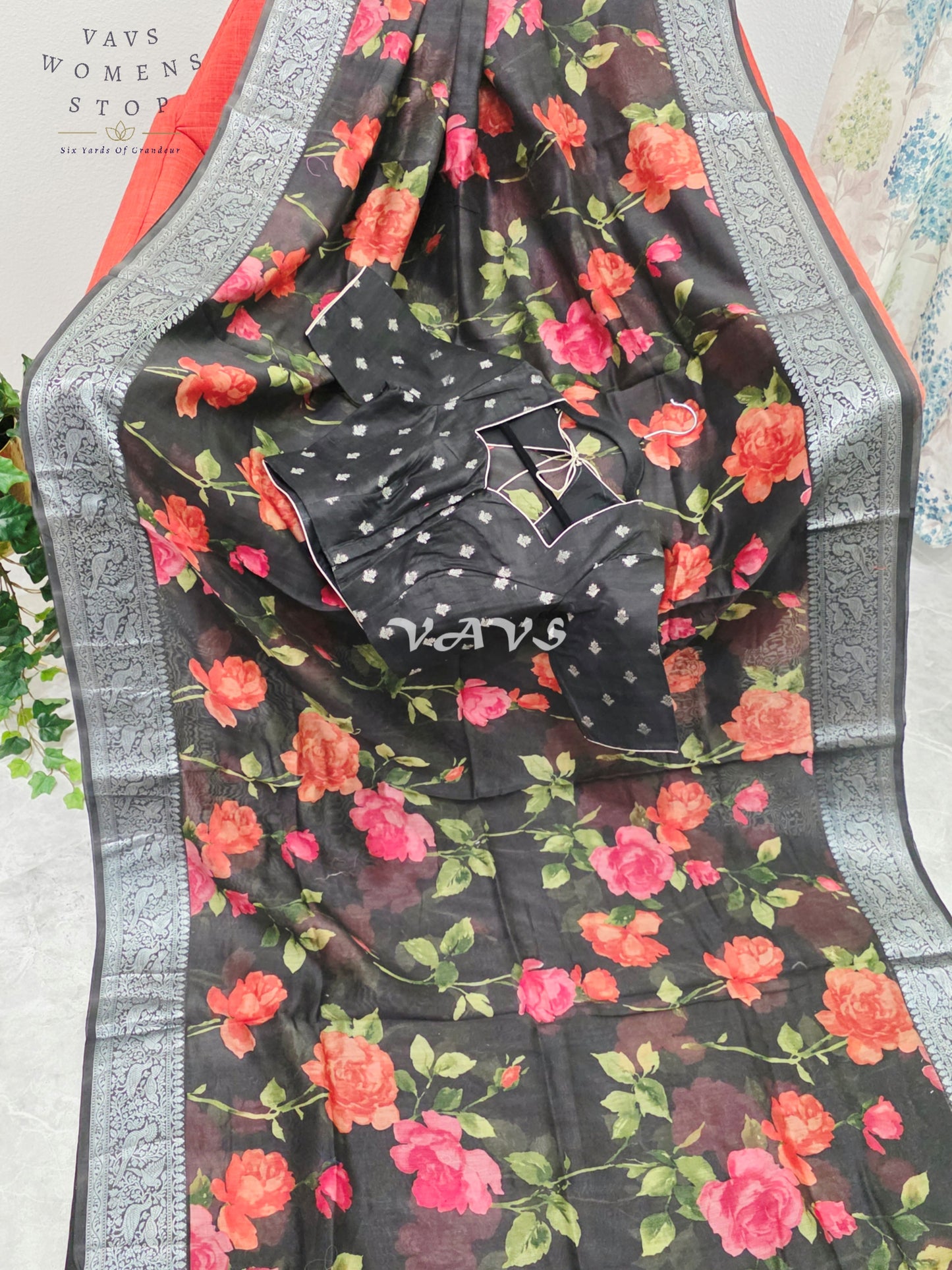 Royal Midnight Noir Floral Chanderi Linen Cotton Style Saree with Silver Zari Border & Stitched Blouse Size 34-40