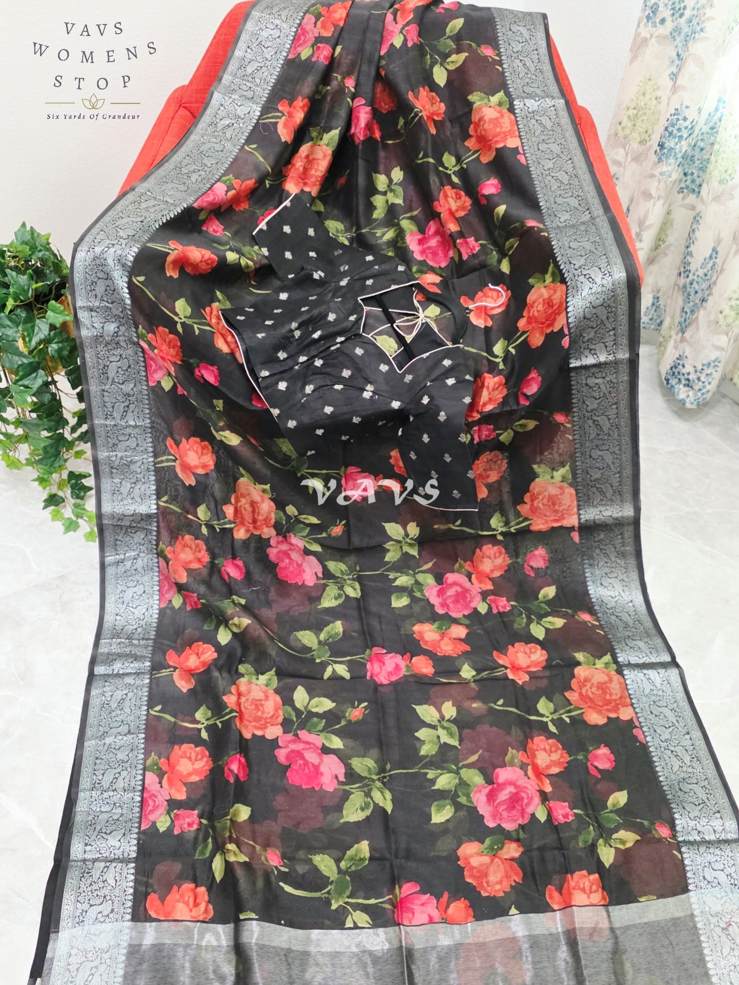 Royal Midnight Noir Floral Chanderi Linen Cotton Style Saree with Silver Zari Border & Stitched Blouse Size 34-40