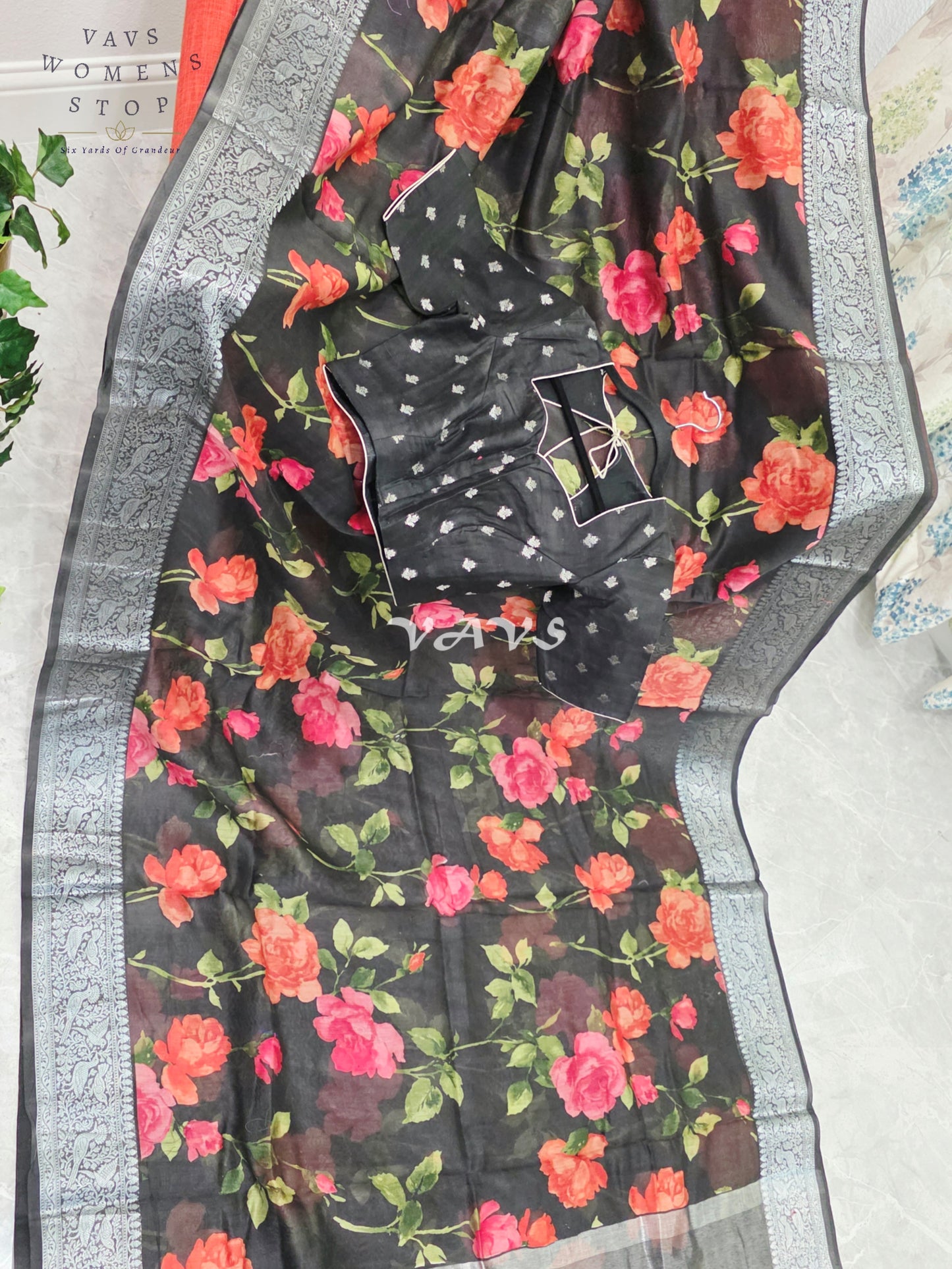 Royal Midnight Noir Floral Chanderi Linen Cotton Style Saree with Silver Zari Border & Stitched Blouse Size 34-40