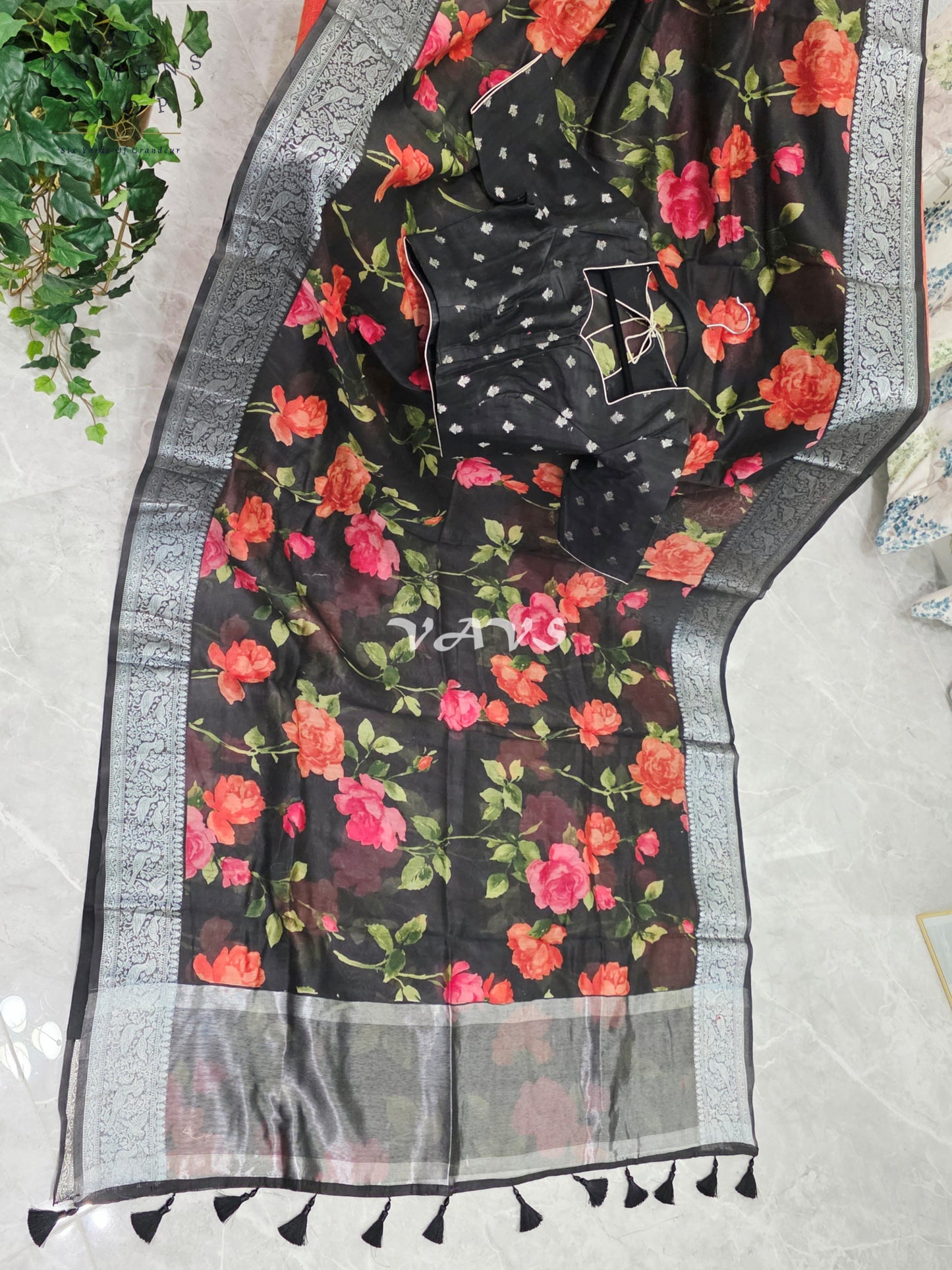 Royal Midnight Noir Floral Chanderi Linen Cotton Style Saree with Silver Zari Border & Stitched Blouse Size 34-40