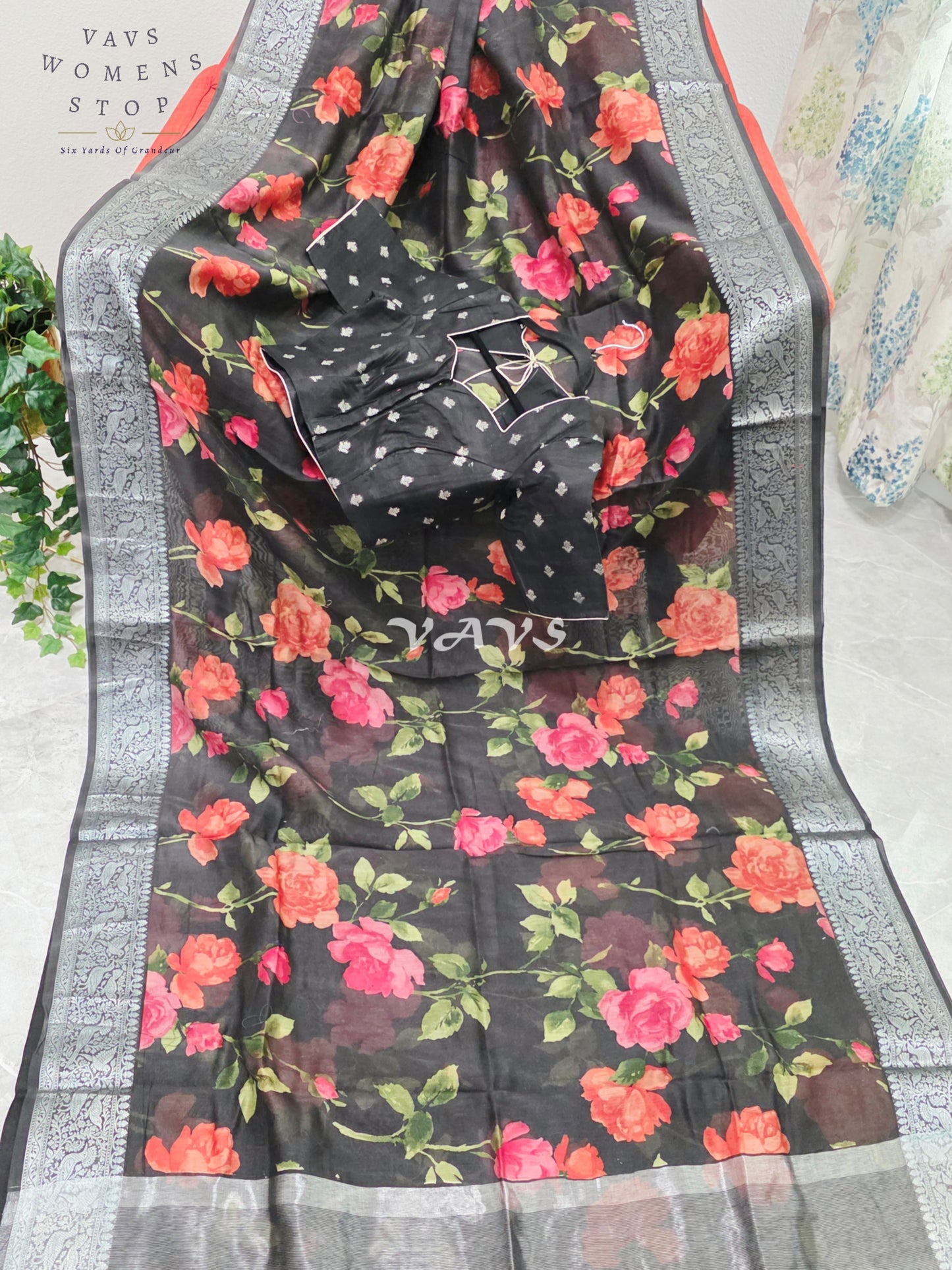 Royal Midnight Noir Floral Chanderi Linen Cotton Style Saree with Silver Zari Border & Stitched Blouse Size 34-40