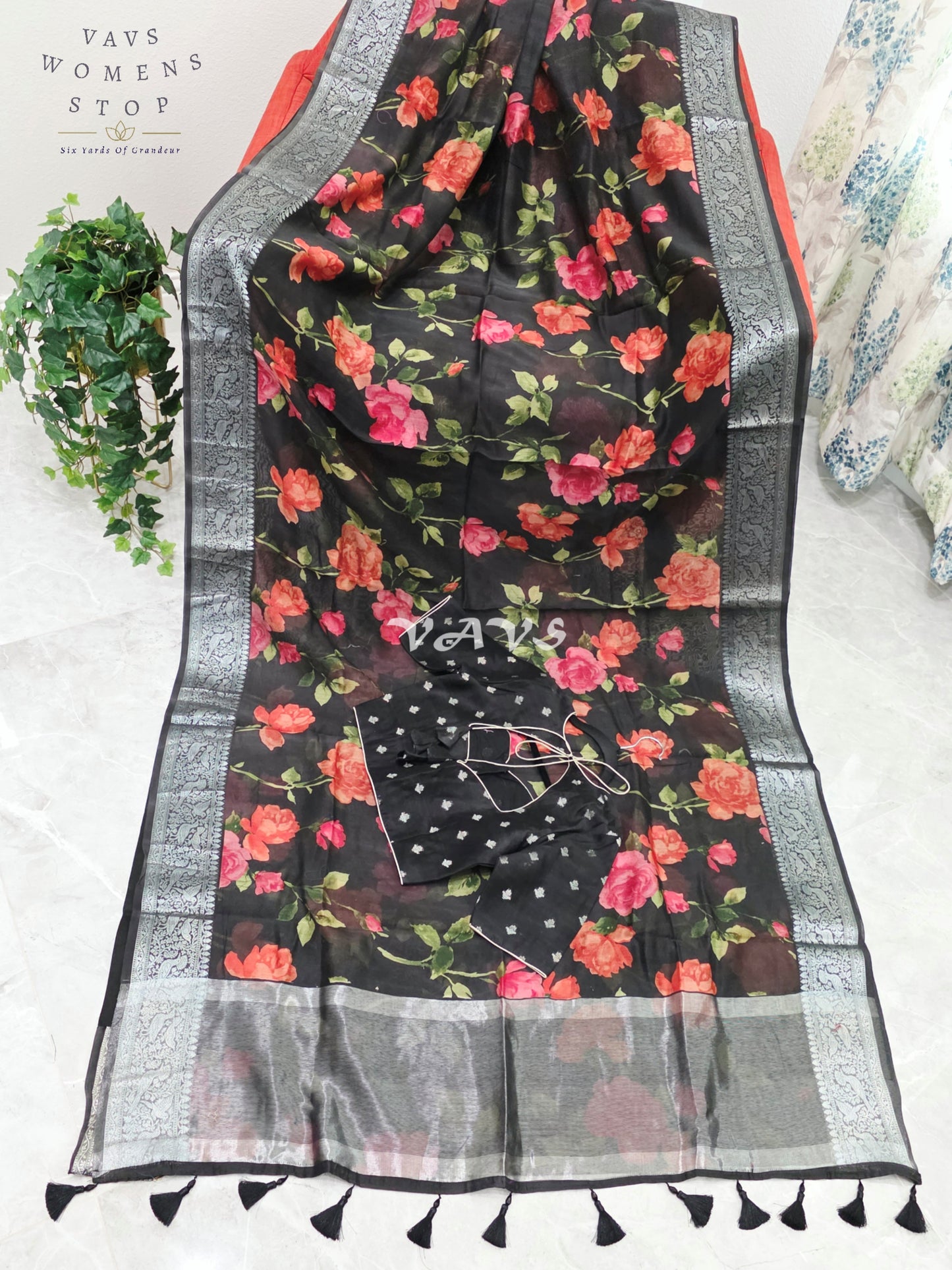 Royal Midnight Noir Floral Chanderi Linen Cotton Style Saree with Silver Zari Border & Stitched Blouse Size 34-40