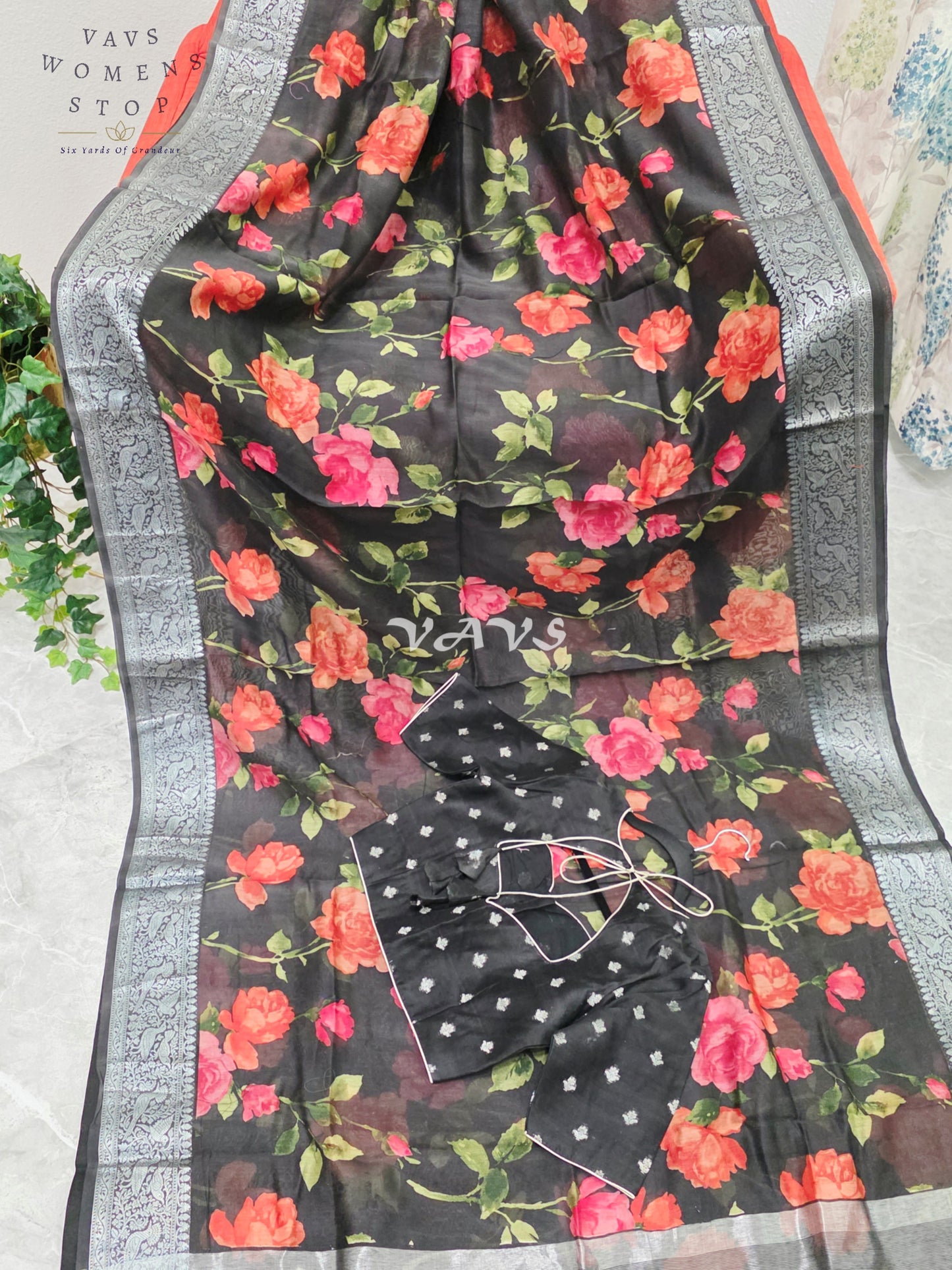 Royal Midnight Noir Floral Chanderi Linen Cotton Style Saree with Silver Zari Border & Stitched Blouse Size 34-40