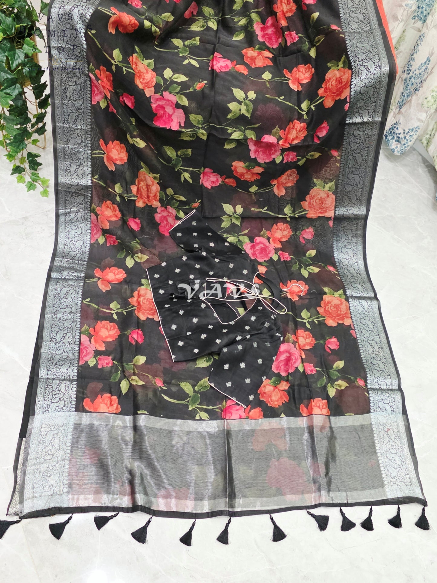 Royal Midnight Noir Floral Chanderi Linen Cotton Style Saree with Silver Zari Border & Stitched Blouse Size 34-40