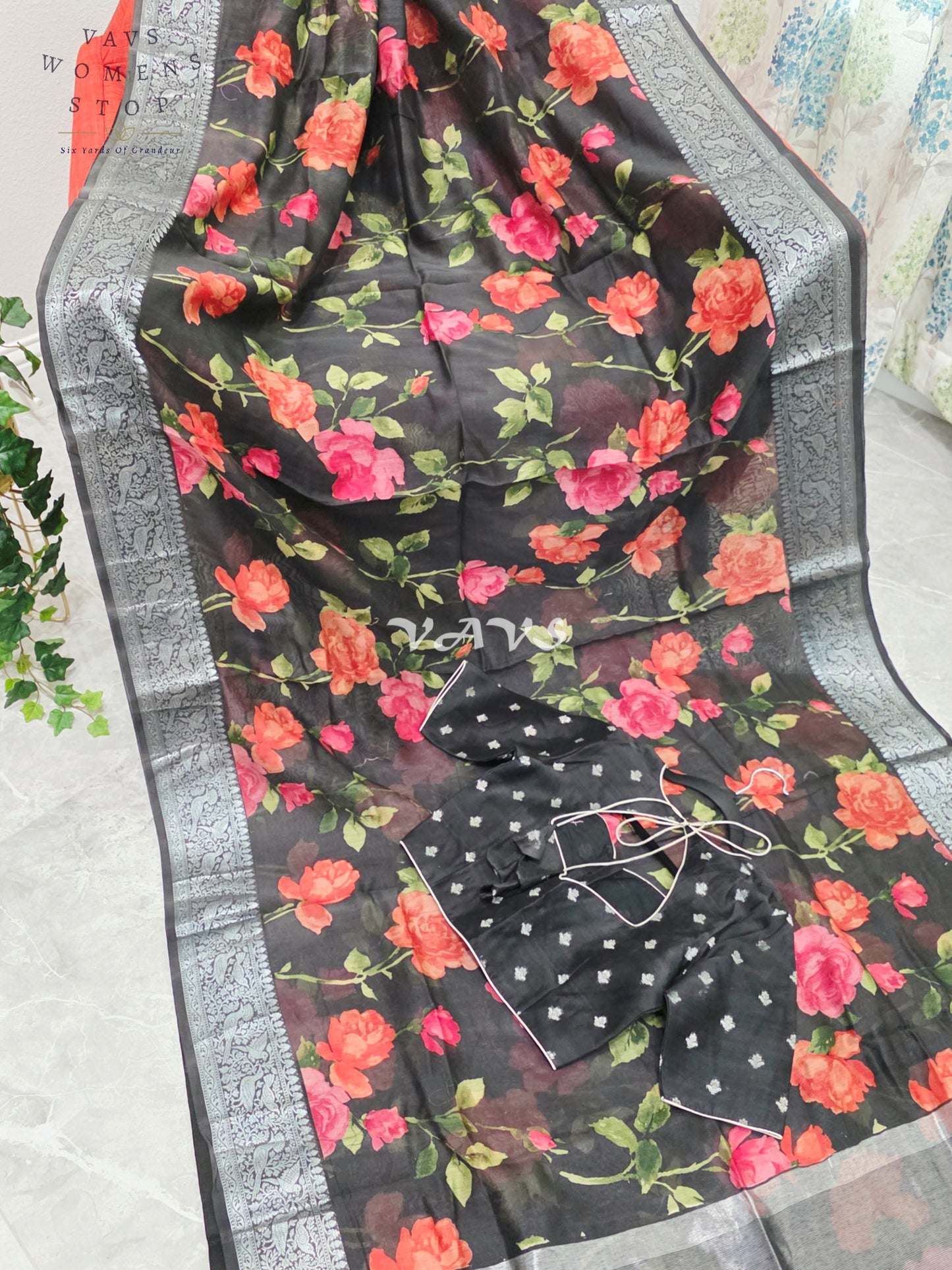 Royal Midnight Noir Floral Chanderi Linen Cotton Style Saree with Silver Zari Border & Stitched Blouse Size 34-40