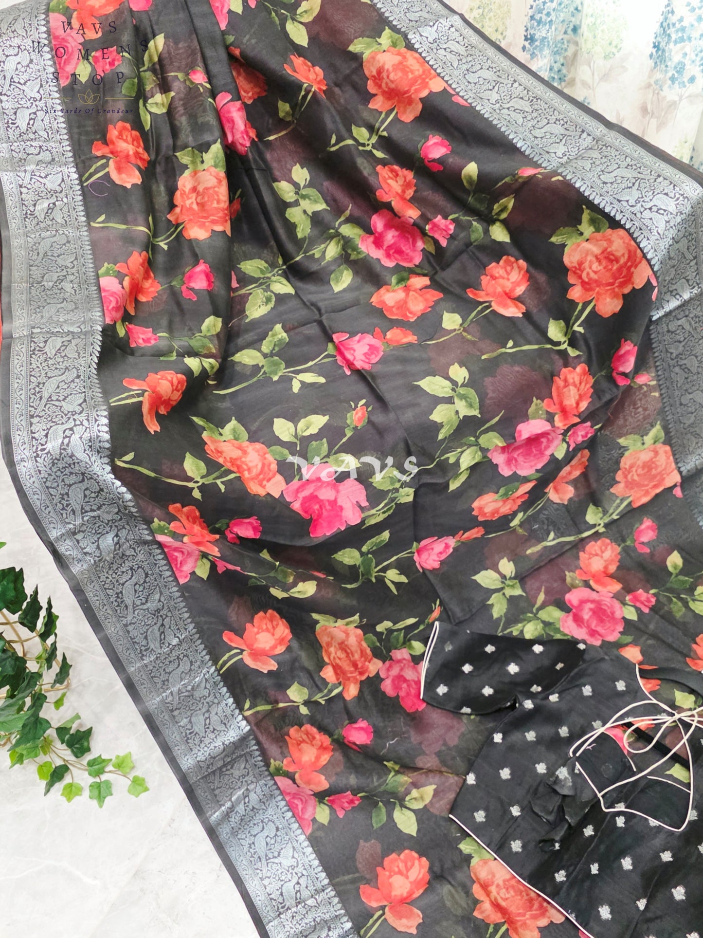 Royal Midnight Noir Floral Chanderi Linen Cotton Style Saree with Silver Zari Border & Stitched Blouse Size 34-40