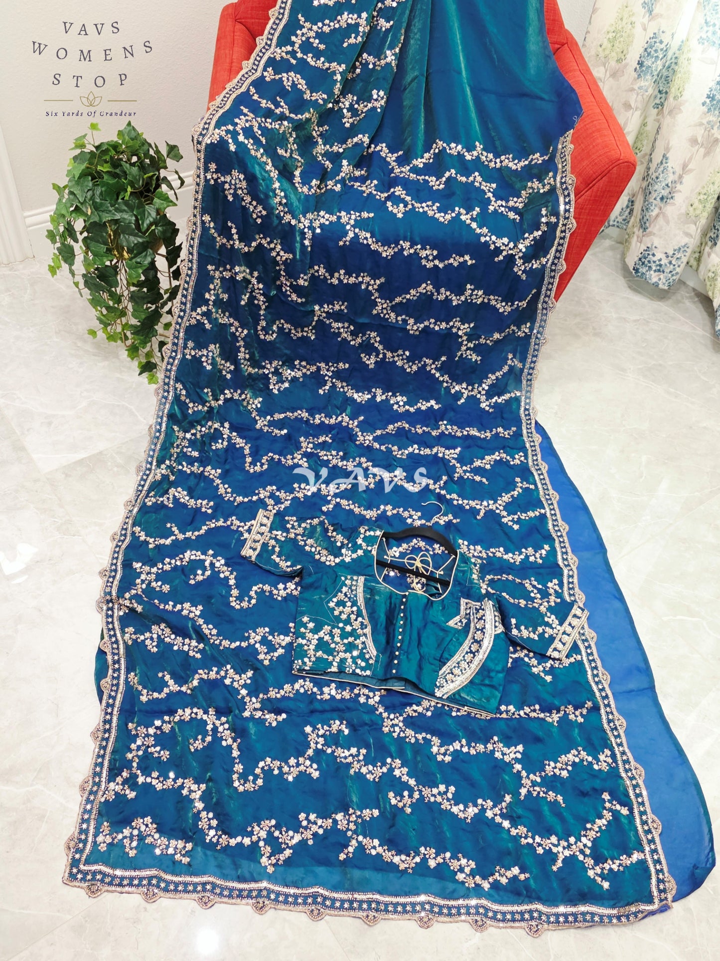 Royal Peacock Teal Space Silk Sequins Cocktail Party Saree with Designer Stitched Blouse Size 38-44