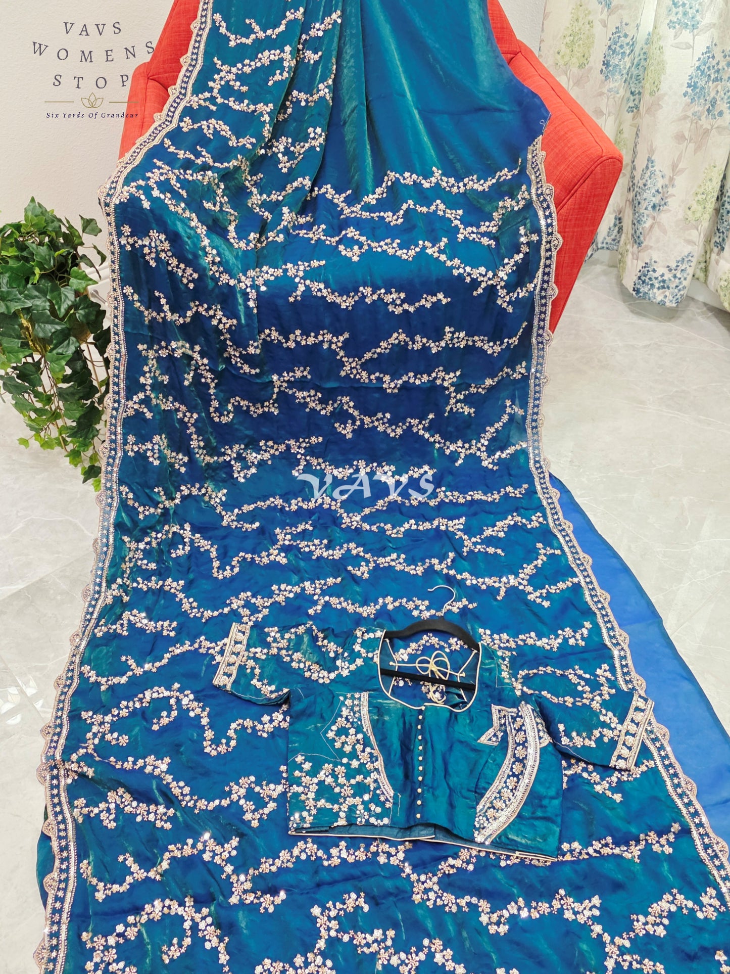 Royal Peacock Teal Space Silk Sequins Cocktail Party Saree with Designer Stitched Blouse Size 38-44