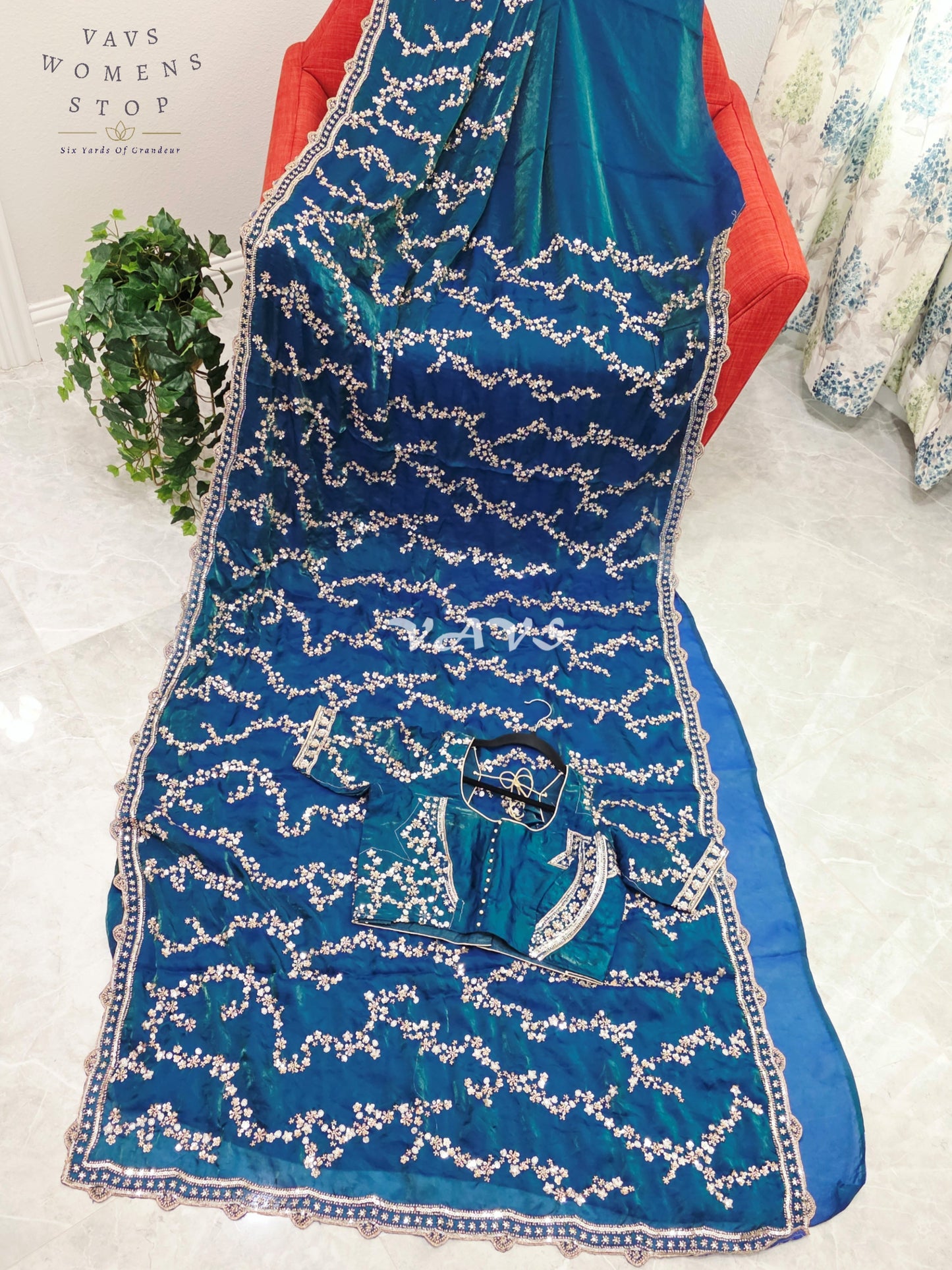 Royal Peacock Teal Space Silk Sequins Cocktail Party Saree with Designer Stitched Blouse Size 38-44
