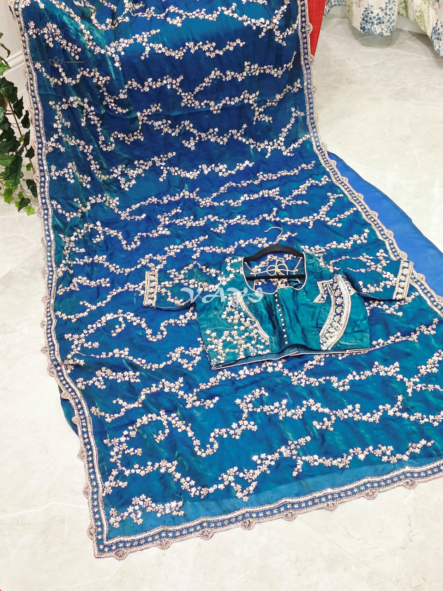 Royal Peacock Teal Space Silk Sequins Cocktail Party Saree with Designer Stitched Blouse Size 38-44