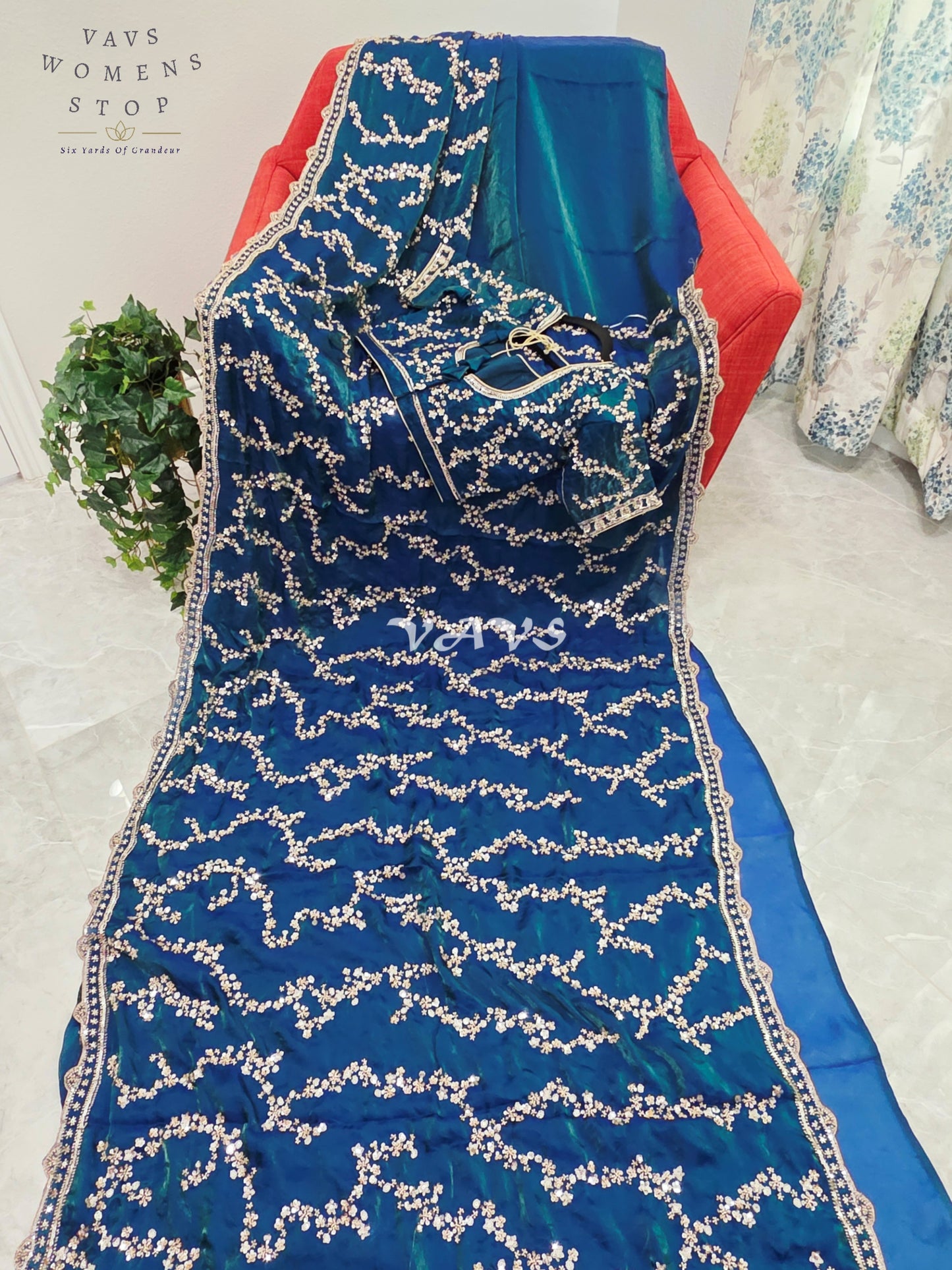 Royal Peacock Teal Space Silk Sequins Cocktail Party Saree with Designer Stitched Blouse Size 38-44