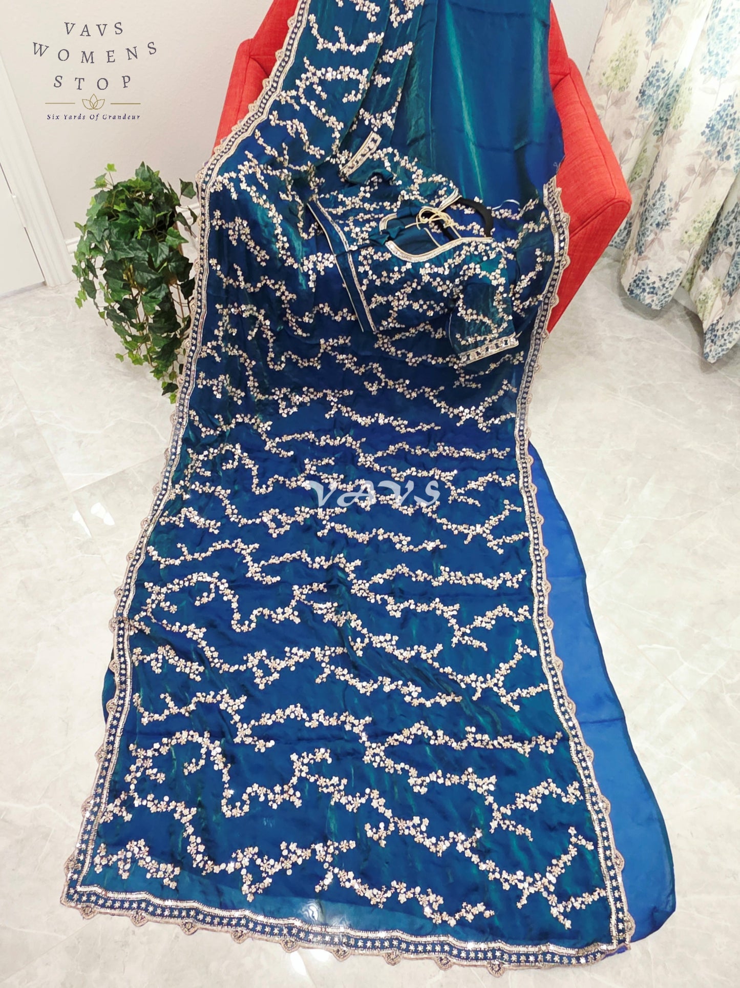 Royal Peacock Teal Space Silk Sequins Cocktail Party Saree with Designer Stitched Blouse Size 38-44