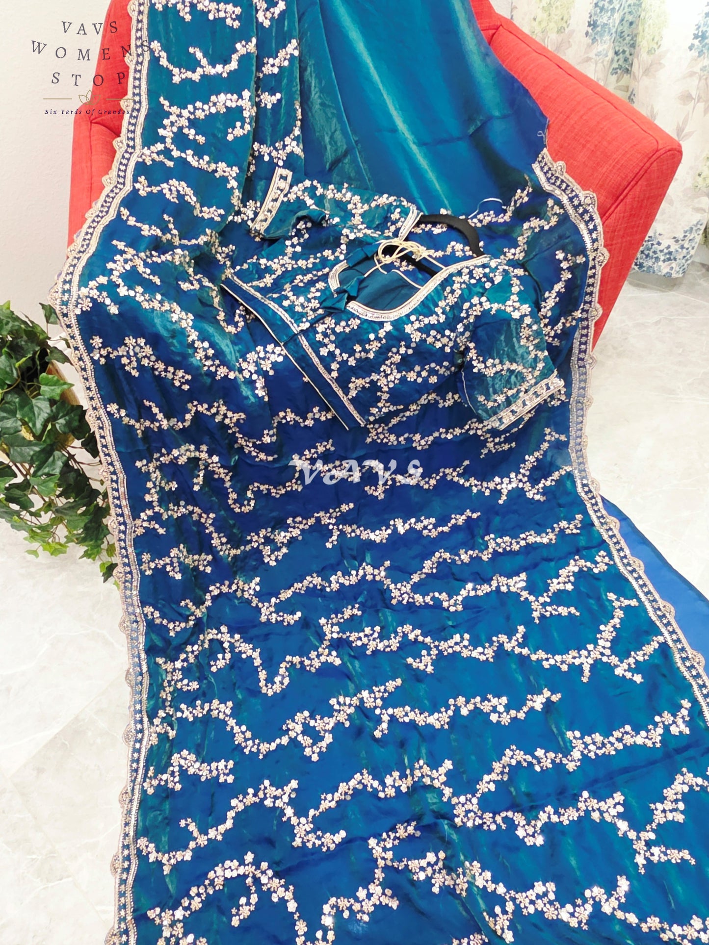 Royal Peacock Teal Space Silk Sequins Cocktail Party Saree with Designer Stitched Blouse Size 38-44