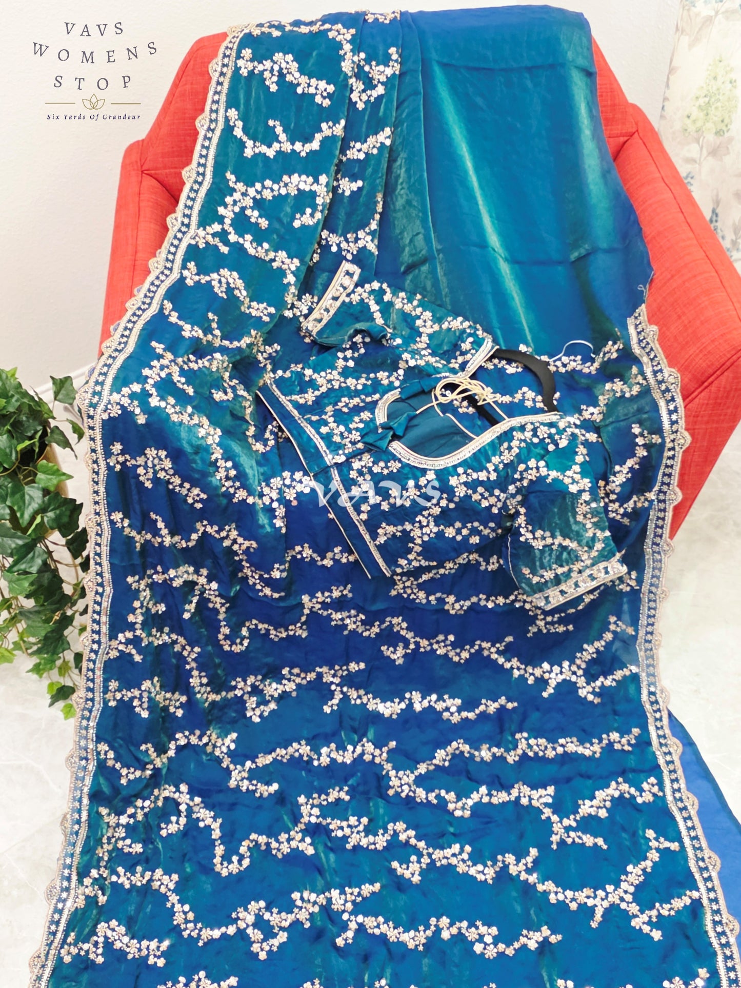 Royal Peacock Teal Space Silk Sequins Cocktail Party Saree with Designer Stitched Blouse Size 38-44