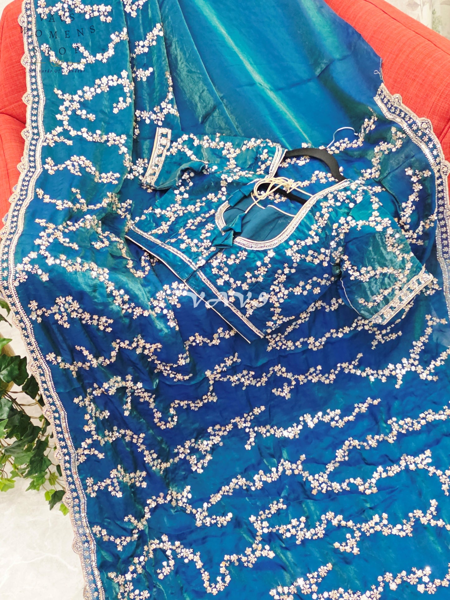 Royal Peacock Teal Space Silk Sequins Cocktail Party Saree with Designer Stitched Blouse Size 38-44
