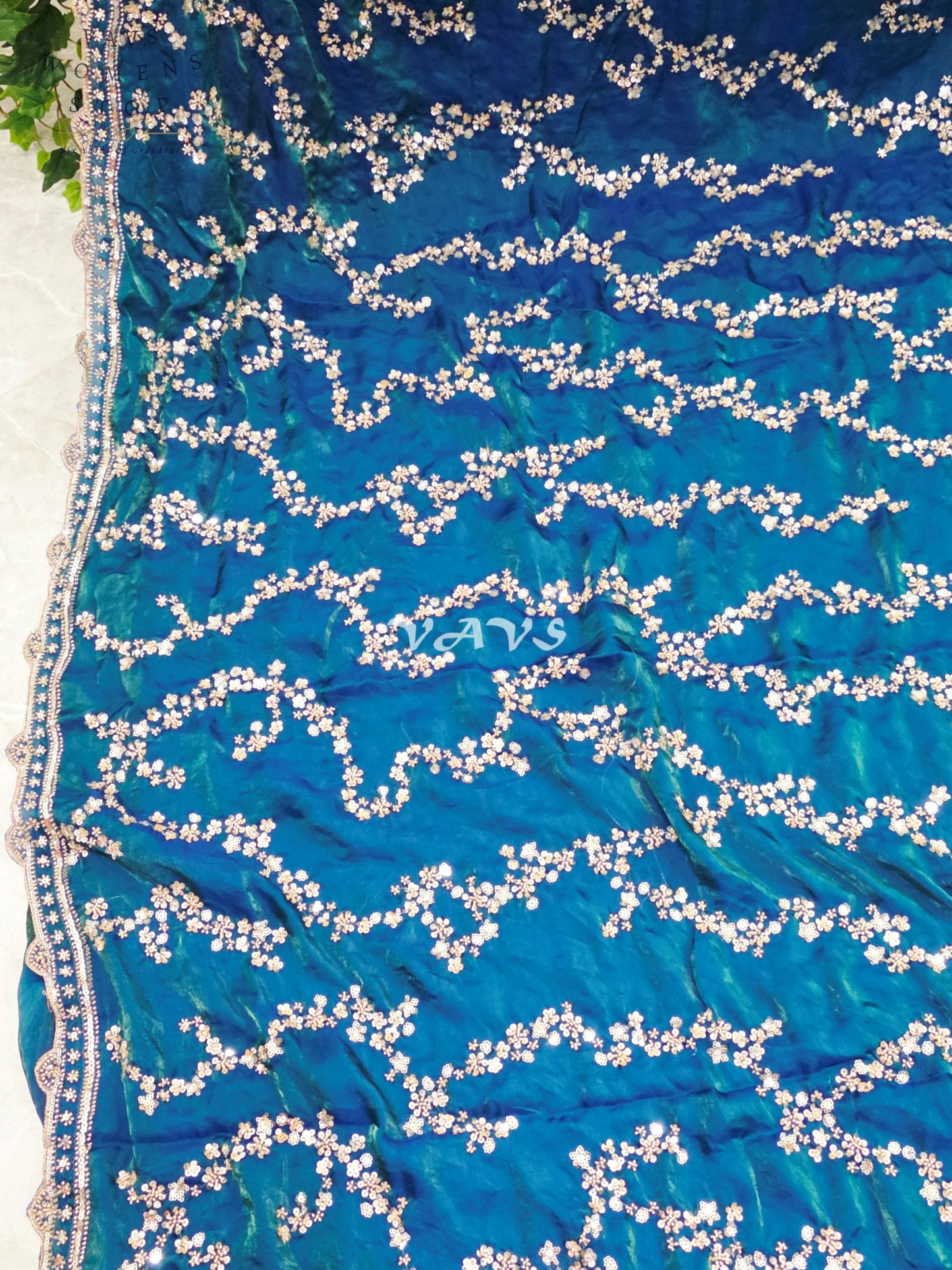 Royal Peacock Teal Space Silk Sequins Cocktail Party Saree with Designer Stitched Blouse Size 38-44