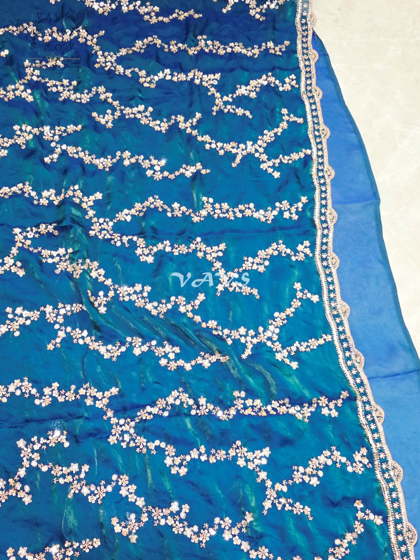 Royal Peacock Teal Space Silk Sequins Cocktail Party Saree with Designer Stitched Blouse Size 38-44