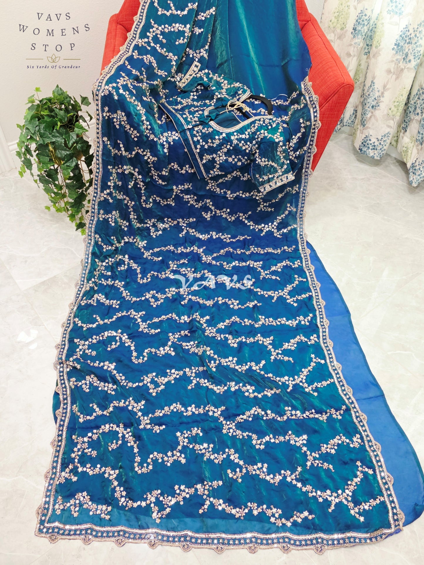 Royal Peacock Teal Space Silk Sequins Cocktail Party Saree with Designer Stitched Blouse Size 38-44