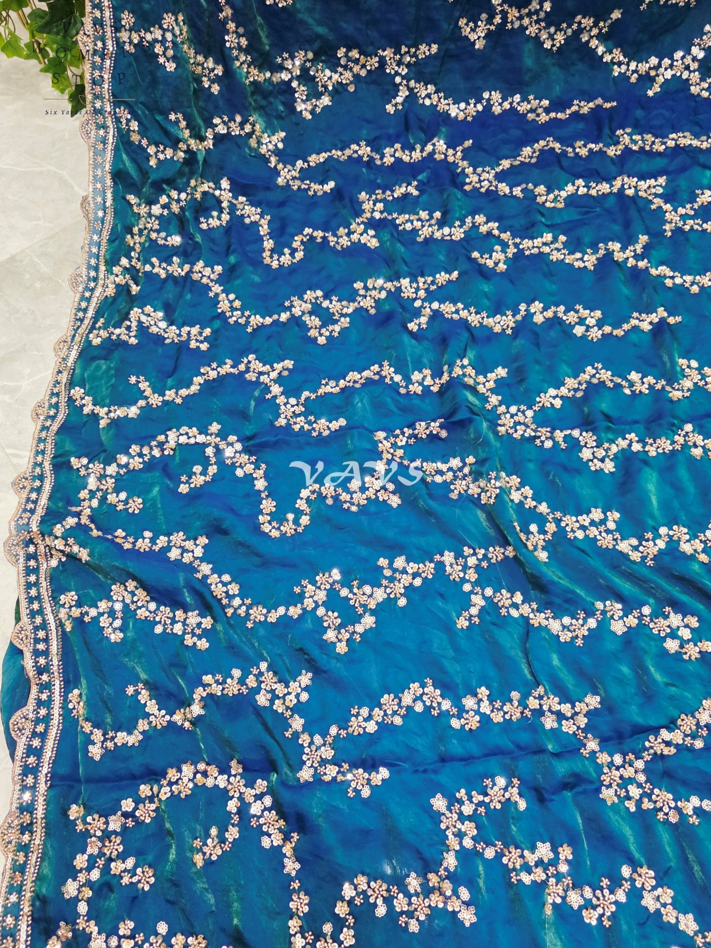 Royal Peacock Teal Space Silk Sequins Cocktail Party Saree with Designer Stitched Blouse Size 38-44