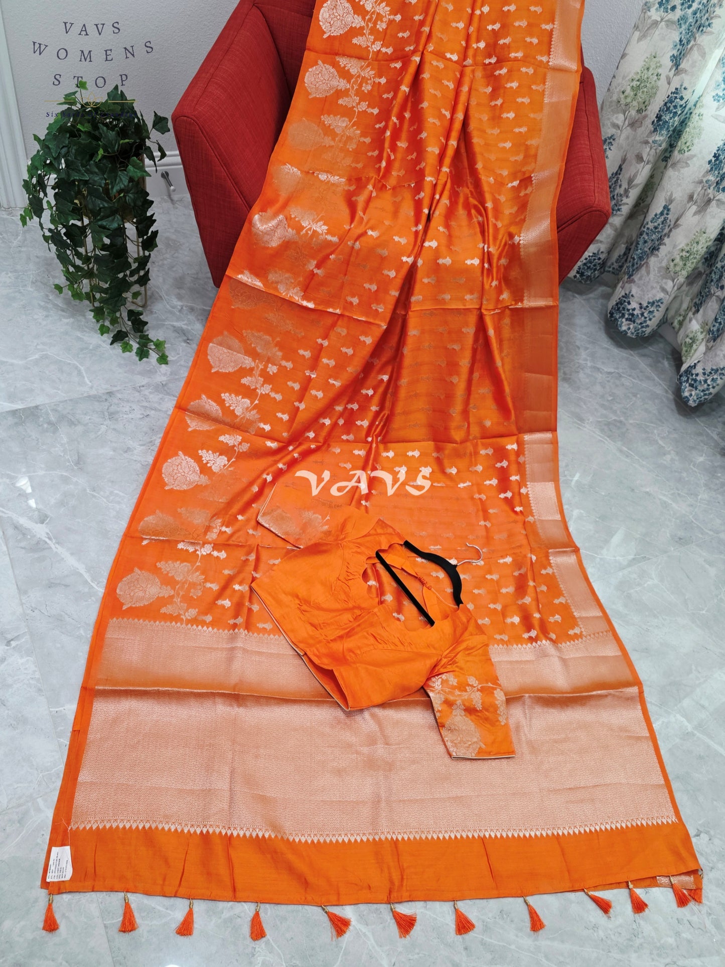 Royal Marigold Orange Pure Kora Chiniya Pattu Silk Saree with Silver Zari Buttas & Stitched Blouse Size 34-40