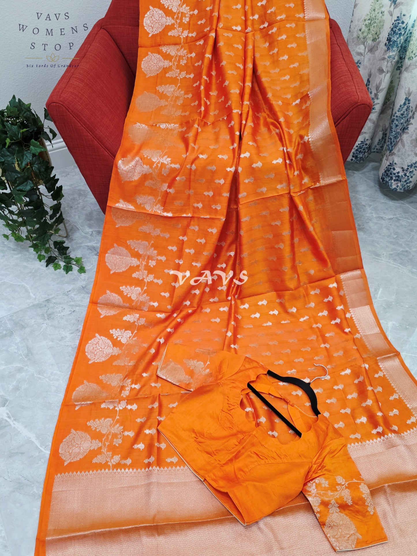 Royal Marigold Orange Pure Kora Chiniya Pattu Silk Saree with Silver Zari Buttas & Stitched Blouse Size 34-40