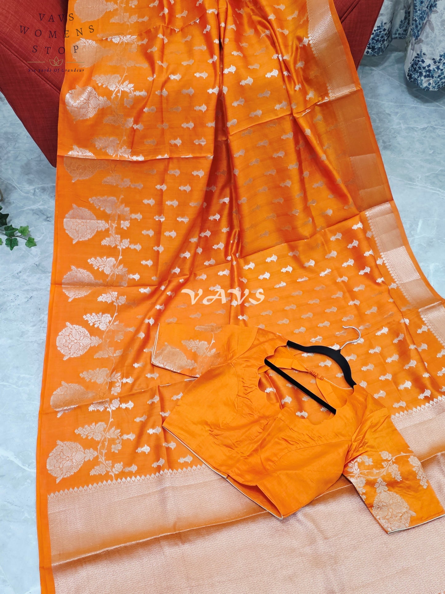 Royal Marigold Orange Pure Kora Chiniya Pattu Silk Saree with Silver Zari Buttas & Stitched Blouse Size 34-40