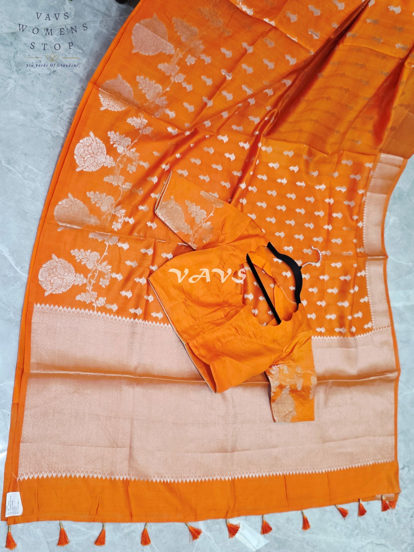 Royal Marigold Orange Pure Kora Chiniya Pattu Silk Saree with Silver Zari Buttas & Stitched Blouse Size 34-40