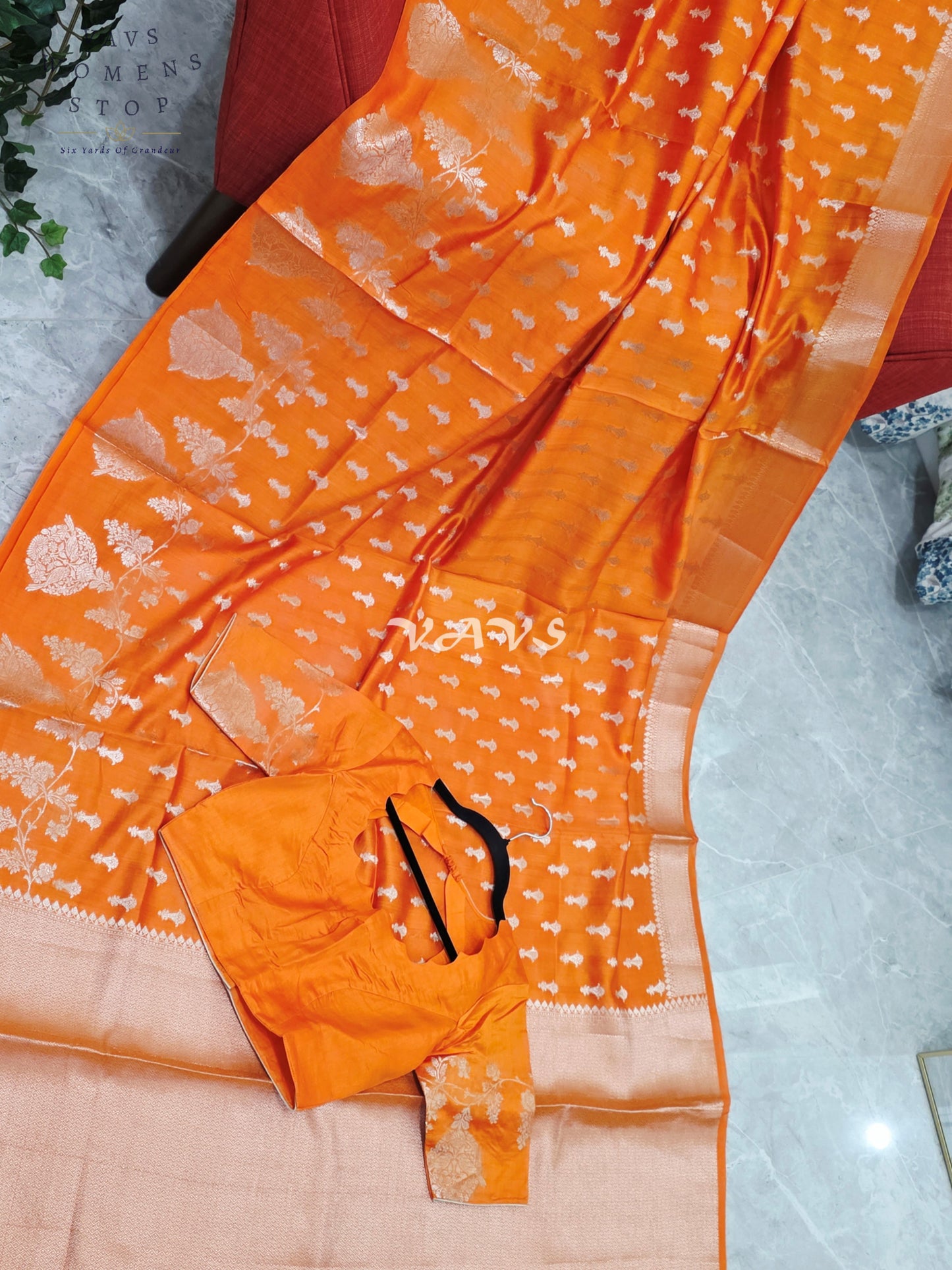 Royal Marigold Orange Pure Kora Chiniya Pattu Silk Saree with Silver Zari Buttas & Stitched Blouse Size 34-40