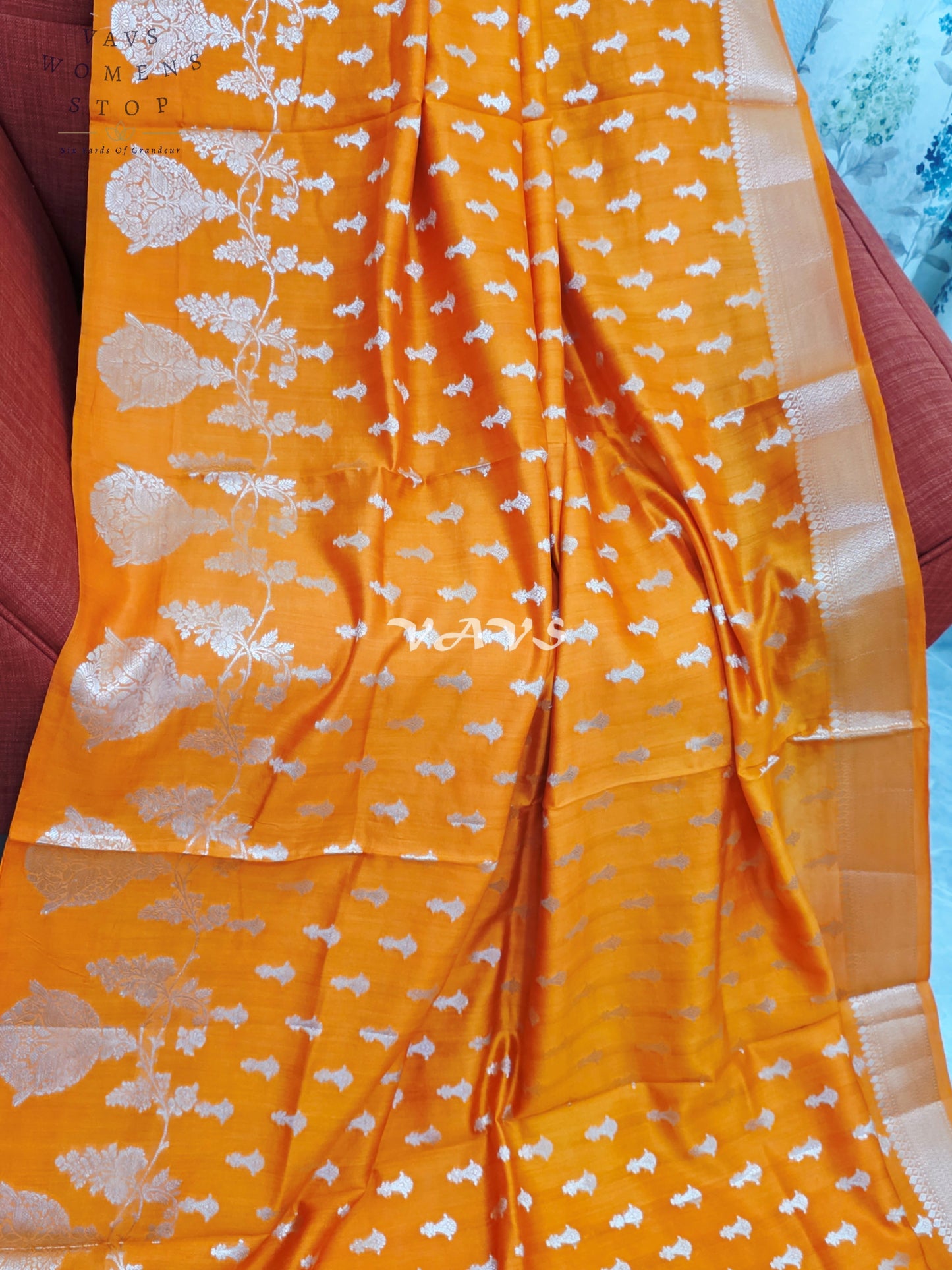 Royal Marigold Orange Pure Kora Chiniya Pattu Silk Saree with Silver Zari Buttas & Stitched Blouse Size 34-40