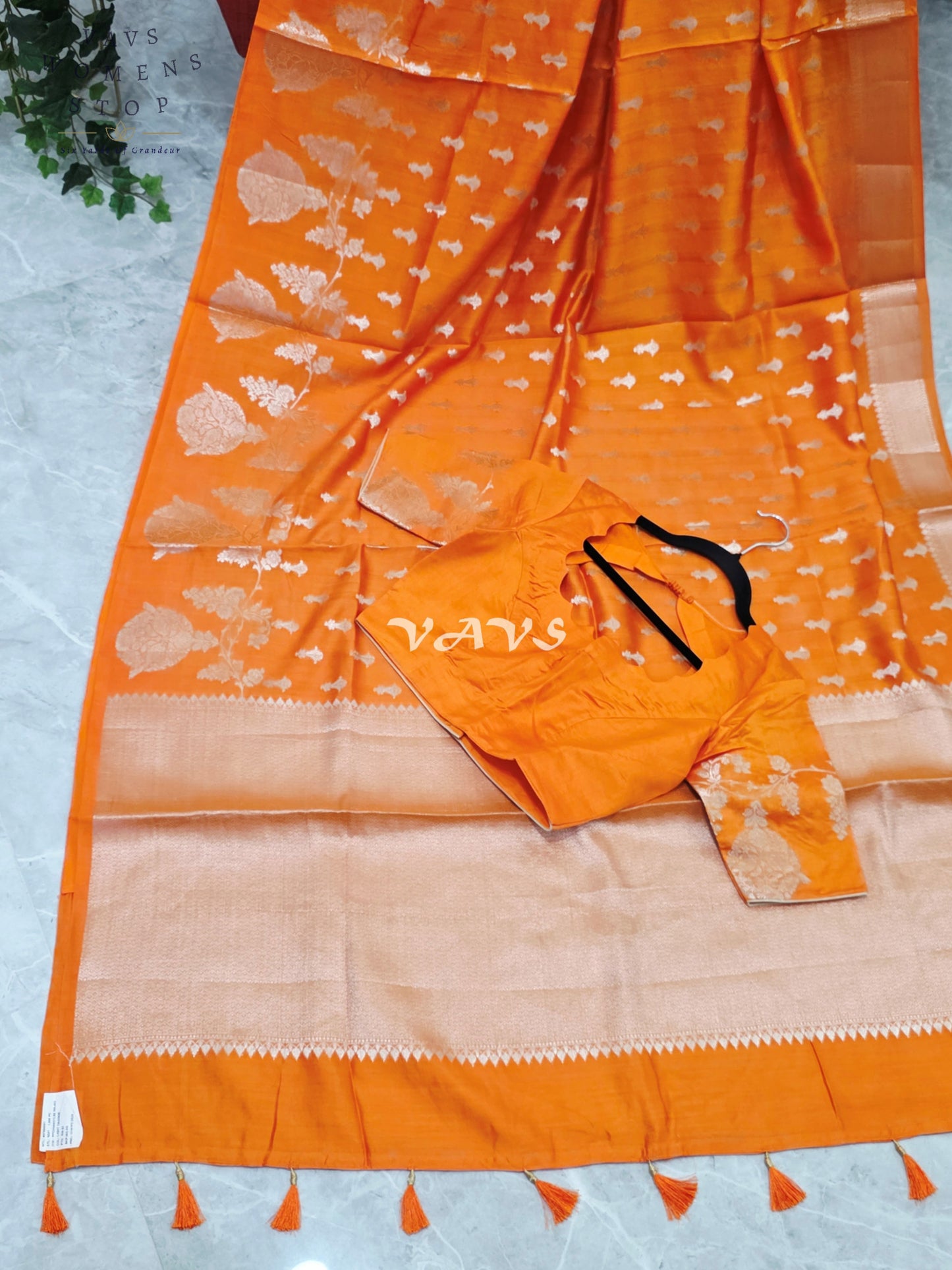 Royal Marigold Orange Pure Kora Chiniya Pattu Silk Saree with Silver Zari Buttas & Stitched Blouse Size 34-40