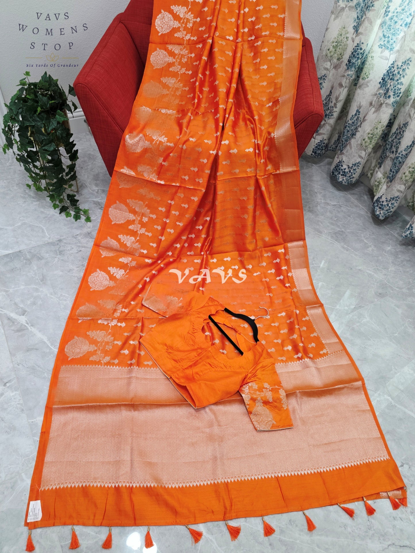 Royal Marigold Orange Pure Kora Chiniya Pattu Silk Saree with Silver Zari Buttas & Stitched Blouse Size 34-40