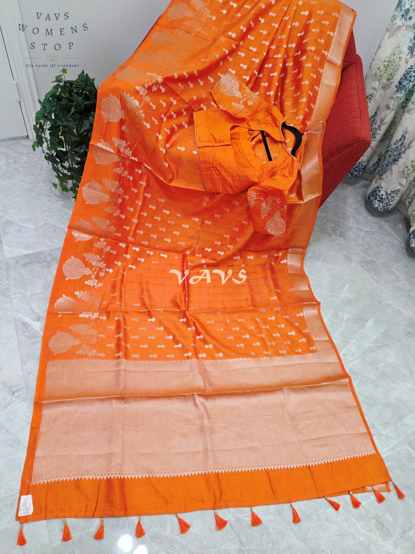 Royal Marigold Orange Pure Kora Chiniya Pattu Silk Saree with Silver Zari Buttas & Stitched Blouse Size 34-40