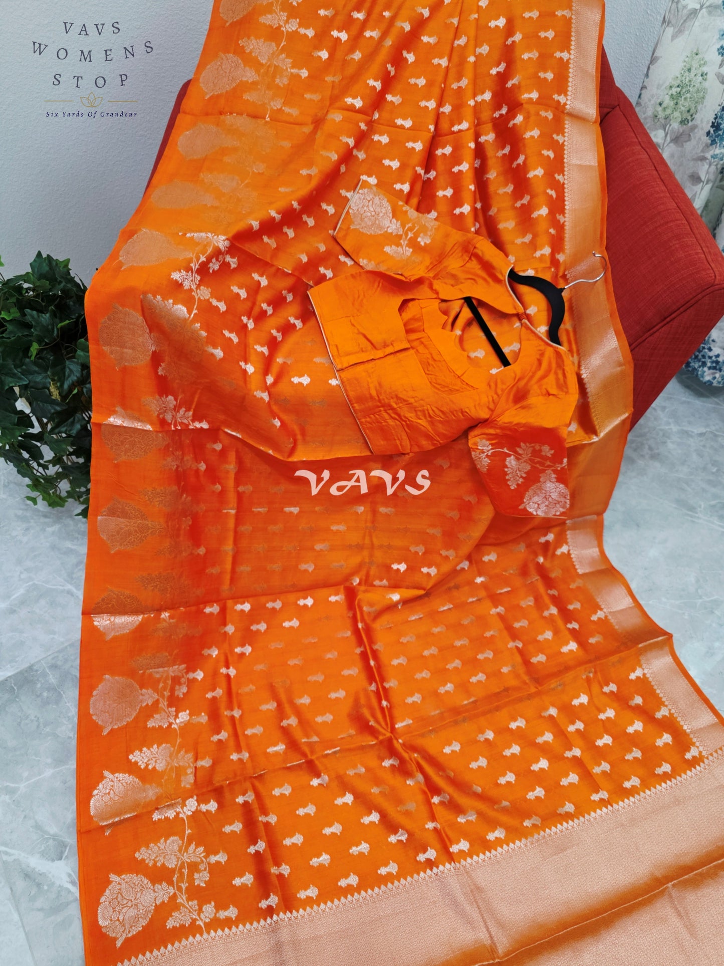 Royal Marigold Orange Pure Kora Chiniya Pattu Silk Saree with Silver Zari Buttas & Stitched Blouse Size 34-40