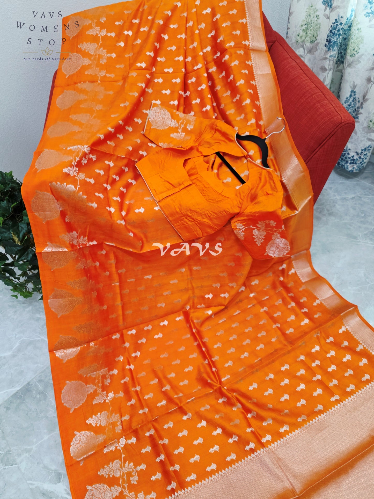Royal Marigold Orange Pure Kora Chiniya Pattu Silk Saree with Silver Zari Buttas & Stitched Blouse Size 34-40