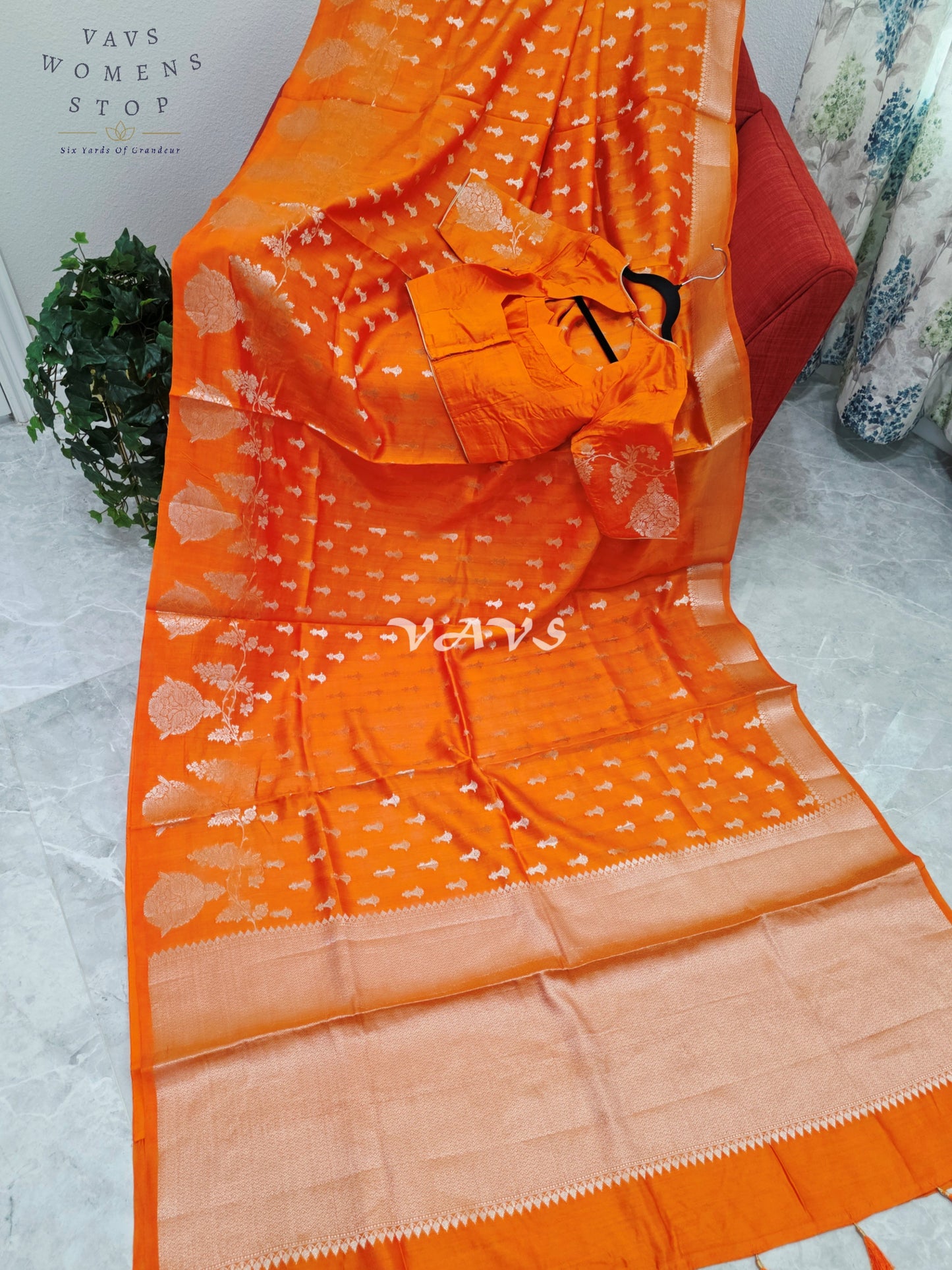 Royal Marigold Orange Pure Kora Chiniya Pattu Silk Saree with Silver Zari Buttas & Stitched Blouse Size 34-40