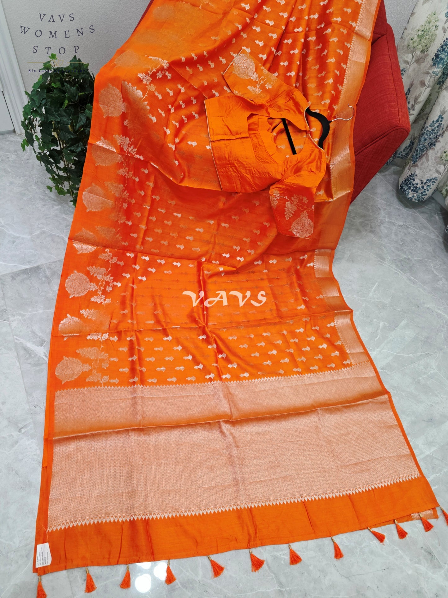 Royal Marigold Orange Pure Kora Chiniya Pattu Silk Saree with Silver Zari Buttas & Stitched Blouse Size 34-40