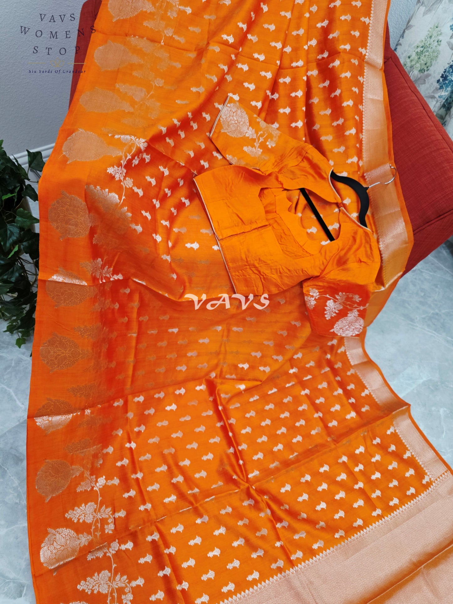 Royal Marigold Orange Pure Kora Chiniya Pattu Silk Saree with Silver Zari Buttas & Stitched Blouse Size 34-40