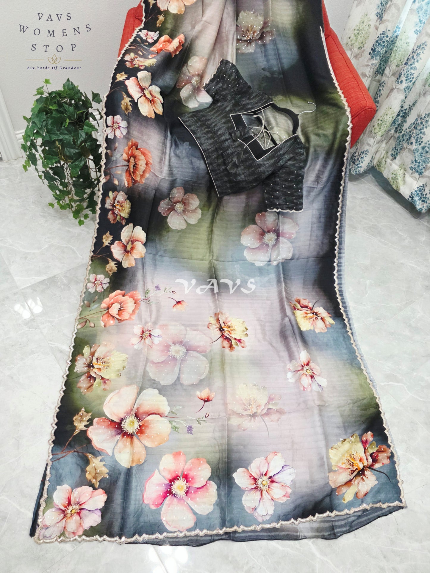 Midnight Noir & Sage Mist Soft Russian Crepe Silk Floral Sequins Saree with Stitched Blouse Size 36-42