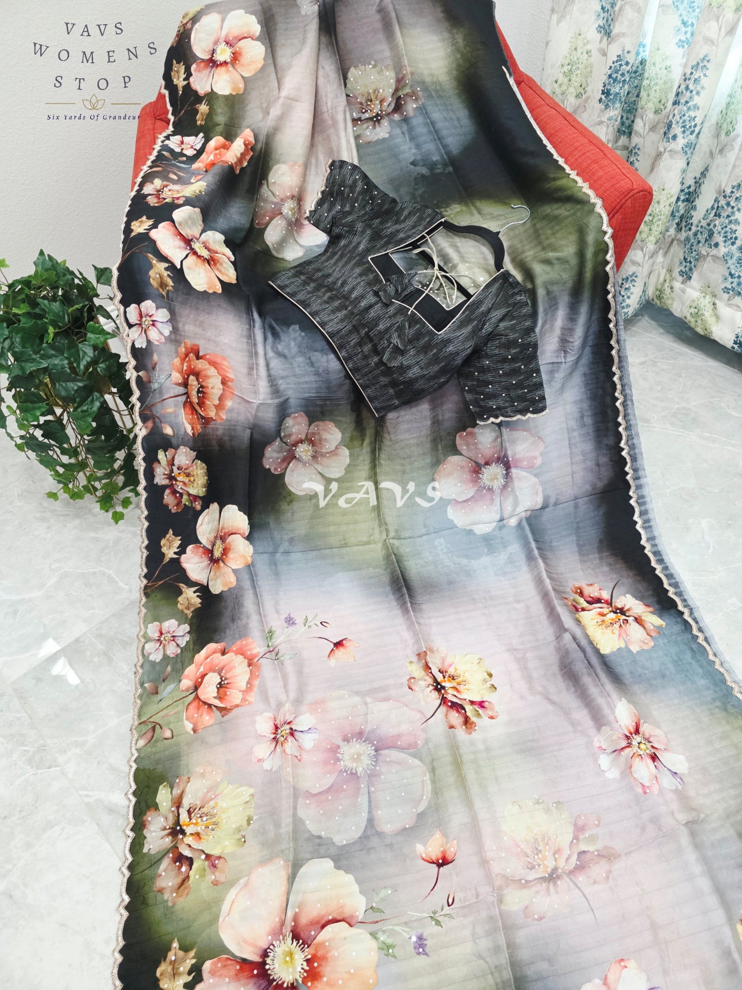 Midnight Noir & Sage Mist Soft Russian Crepe Silk Floral Sequins Saree with Stitched Blouse Size 36-42