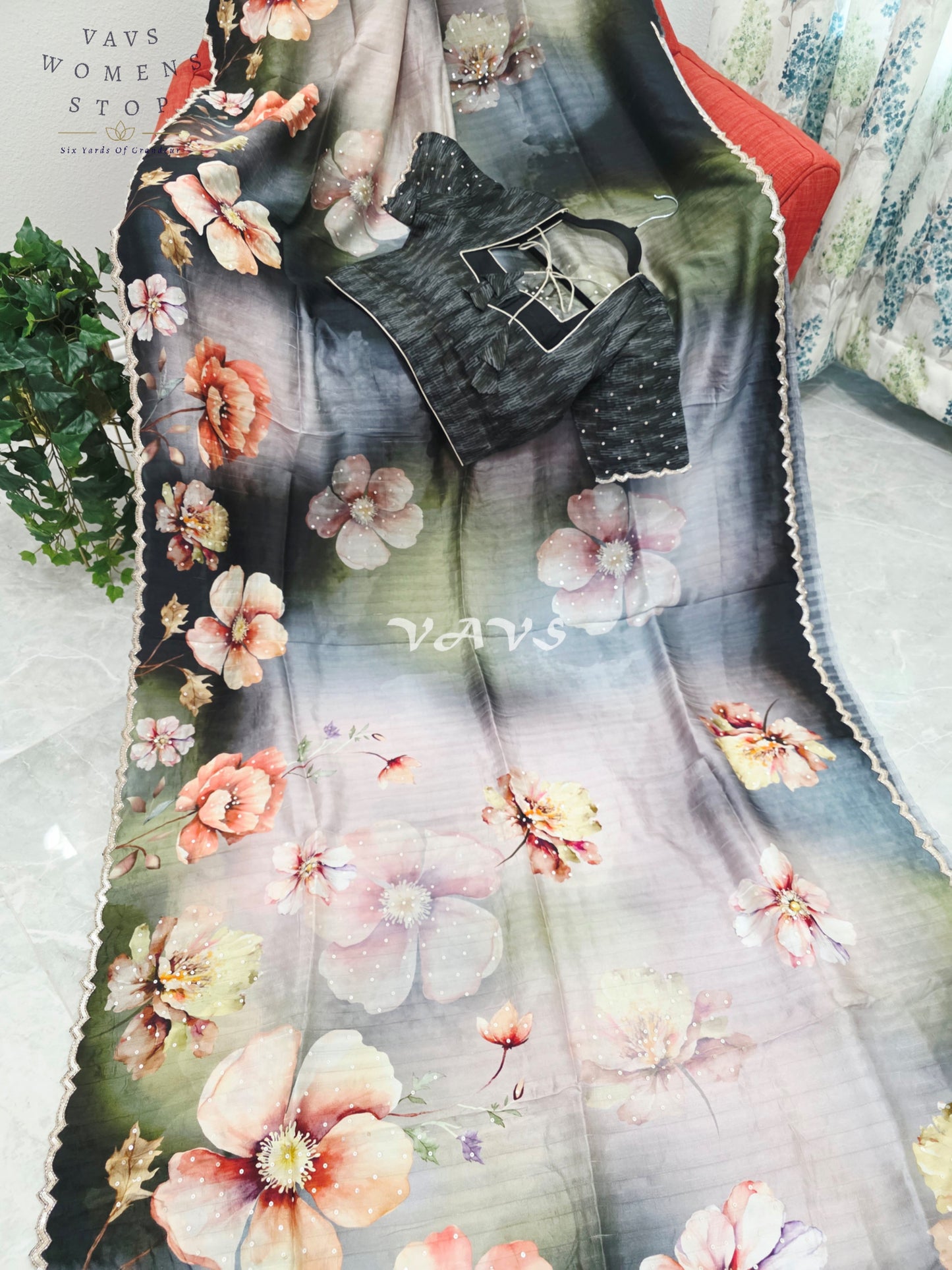 Midnight Noir & Sage Mist Soft Russian Crepe Silk Floral Sequins Saree with Stitched Blouse Size 36-42