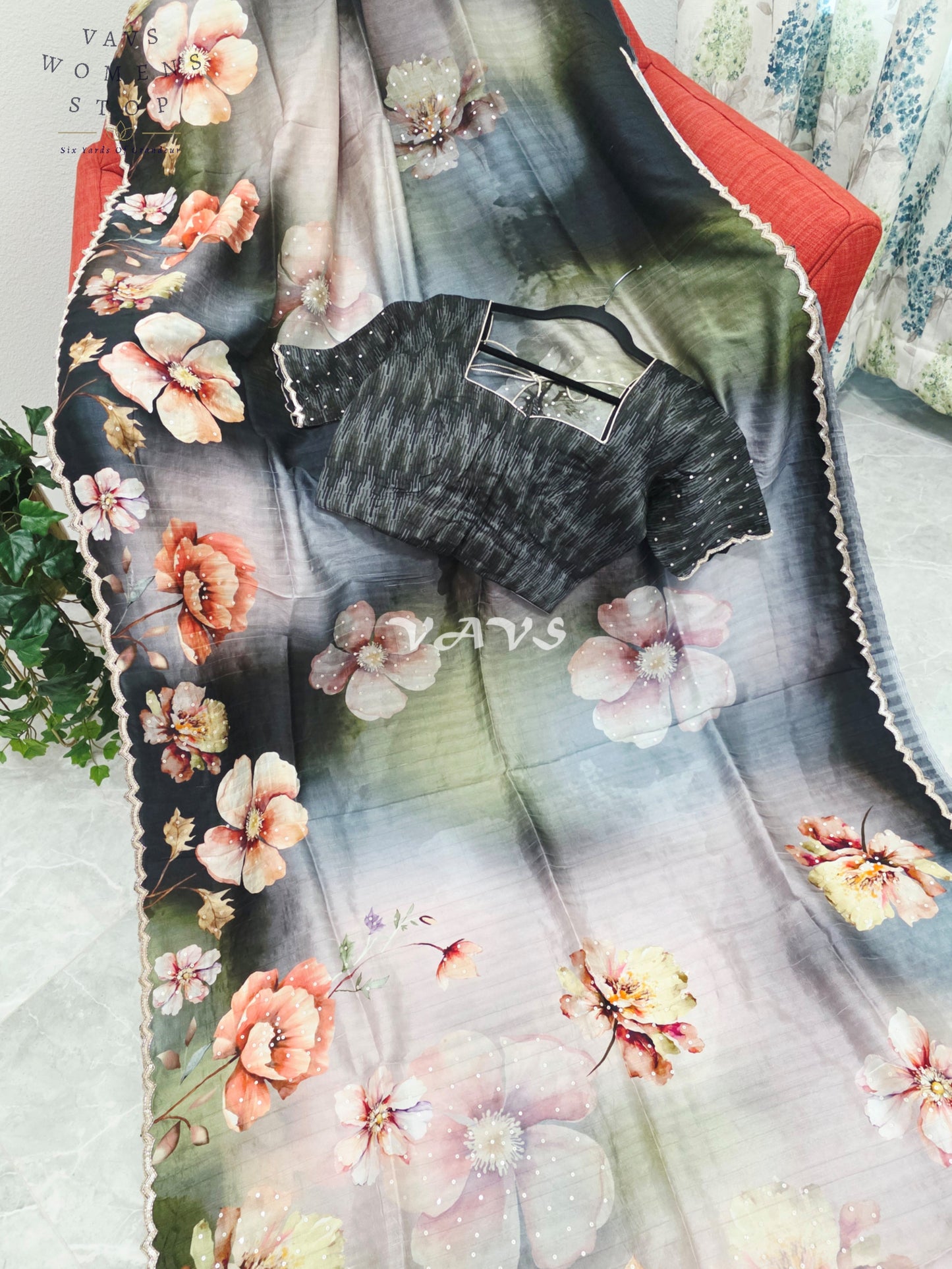 Midnight Noir & Sage Mist Soft Russian Crepe Silk Floral Sequins Saree with Stitched Blouse Size 36-42