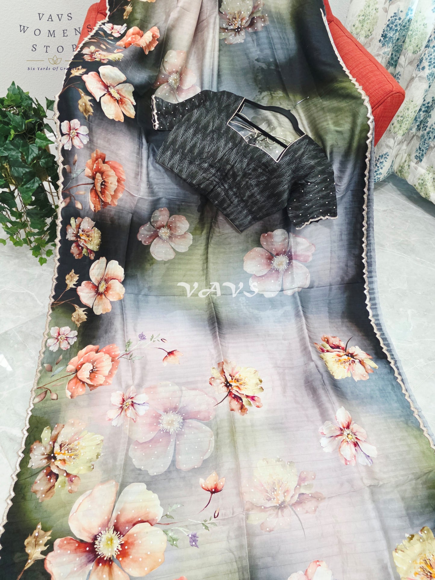 Midnight Noir & Sage Mist Soft Russian Crepe Silk Floral Sequins Saree with Stitched Blouse Size 36-42