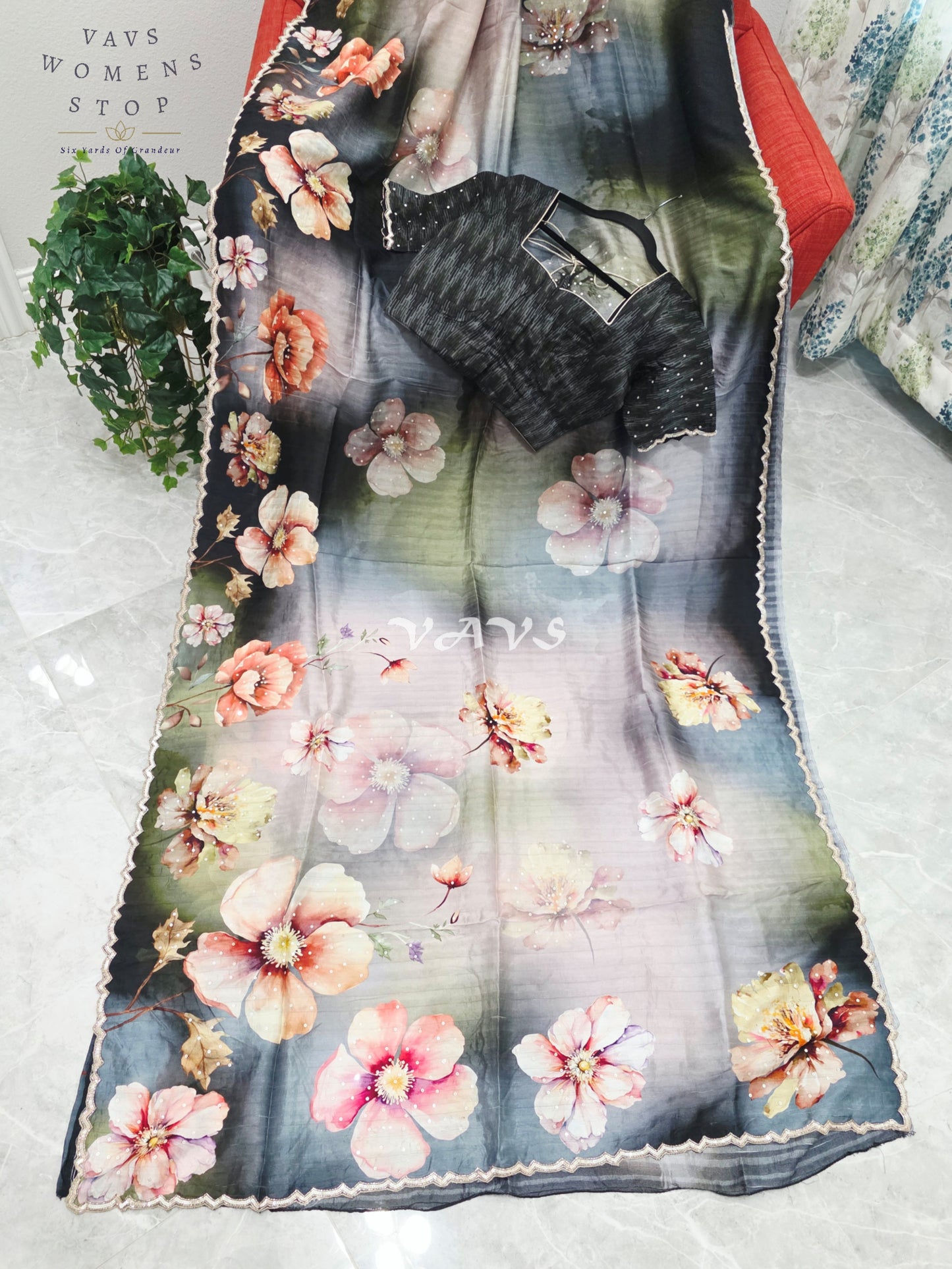 Midnight Noir & Sage Mist Soft Russian Crepe Silk Floral Sequins Saree with Stitched Blouse Size 36-42
