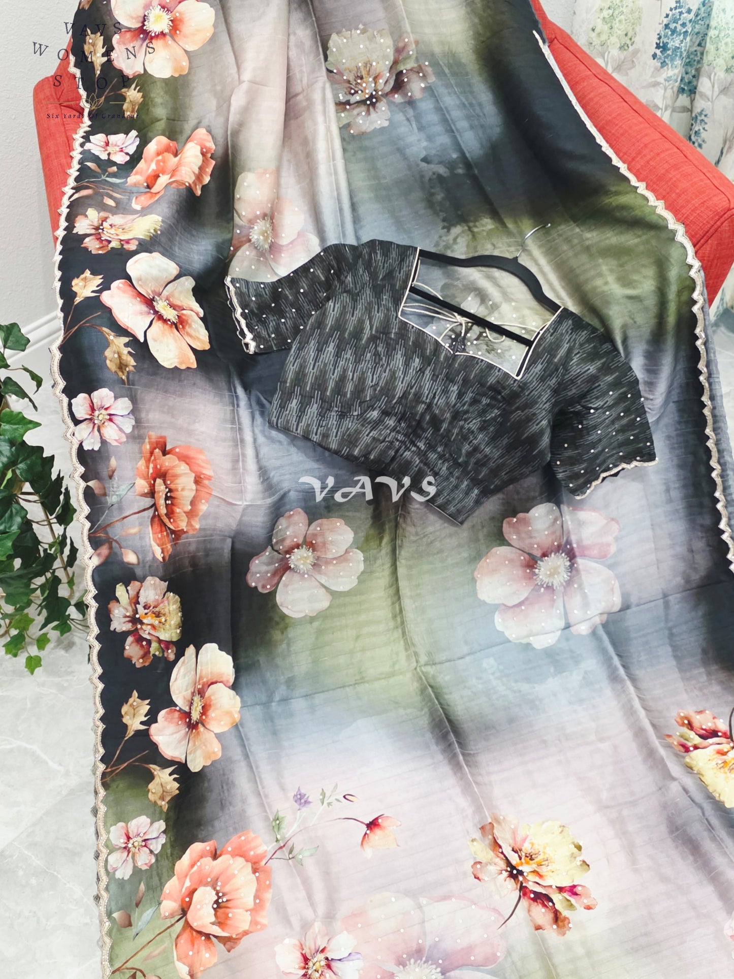 Midnight Noir & Sage Mist Soft Russian Crepe Silk Floral Sequins Saree with Stitched Blouse Size 36-42