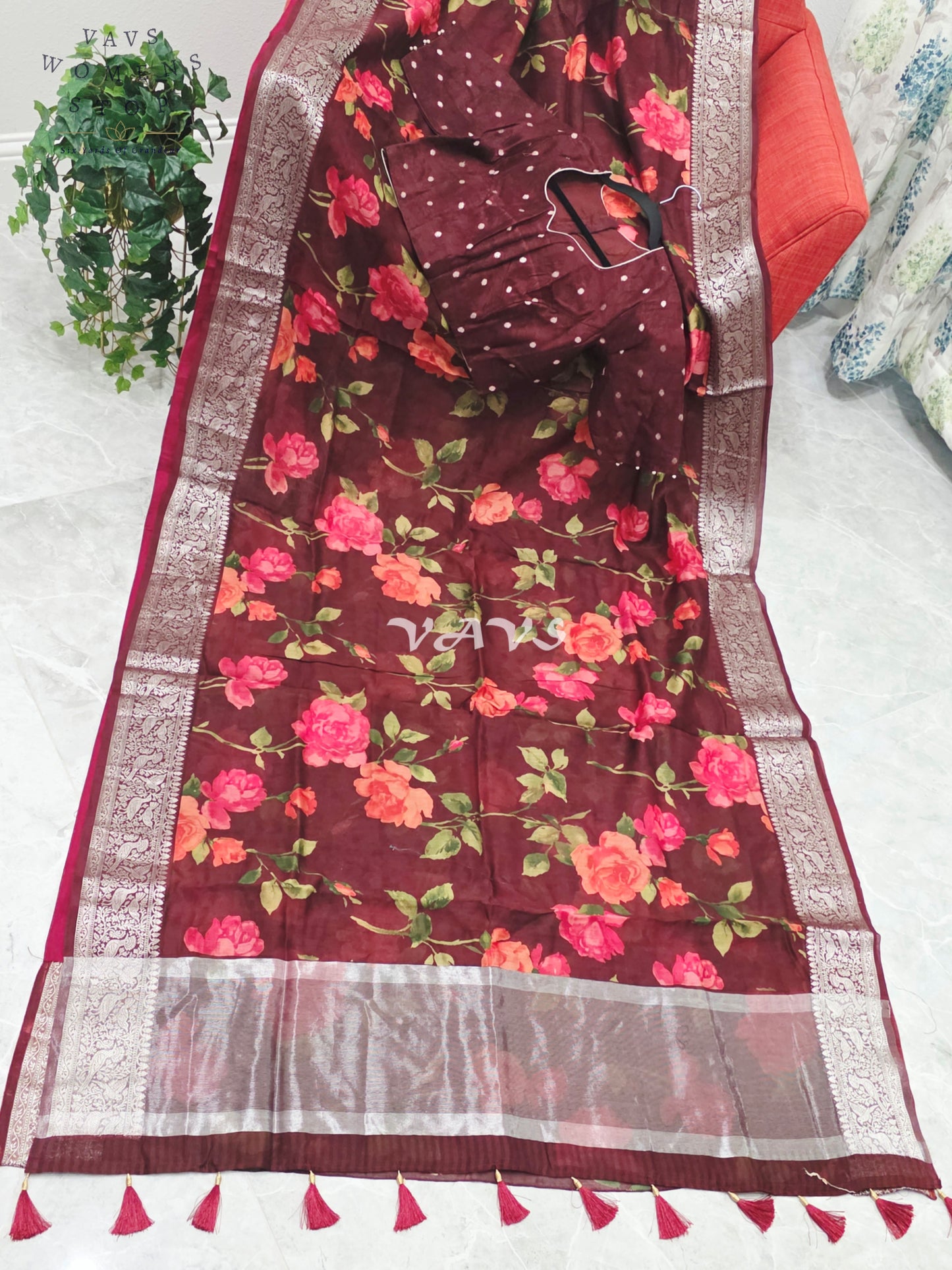 Royal Burgundy Wine Floral Print Chanderi Linen Cotton Style Saree with Stitched Blouse Size 40-46