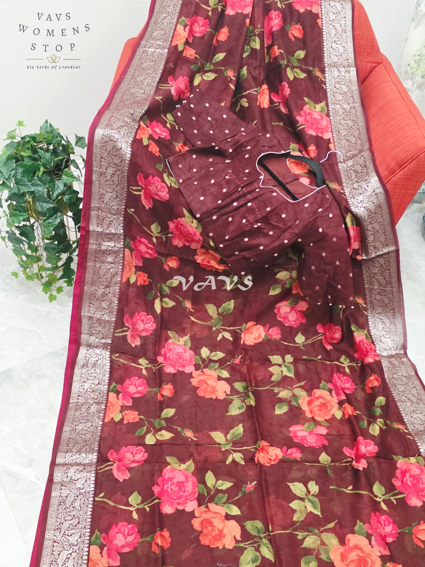 Royal Burgundy Wine Floral Print Chanderi Linen Cotton Style Saree with Stitched Blouse Size 40-46