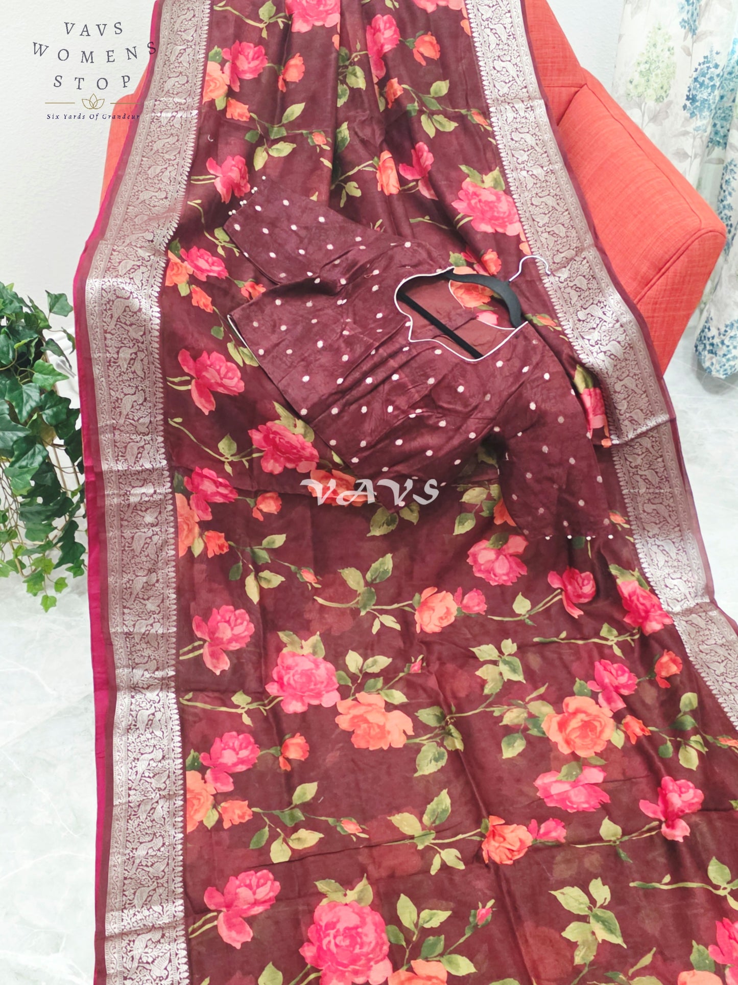 Royal Burgundy Wine Floral Print Chanderi Linen Cotton Style Saree with Stitched Blouse Size 40-46