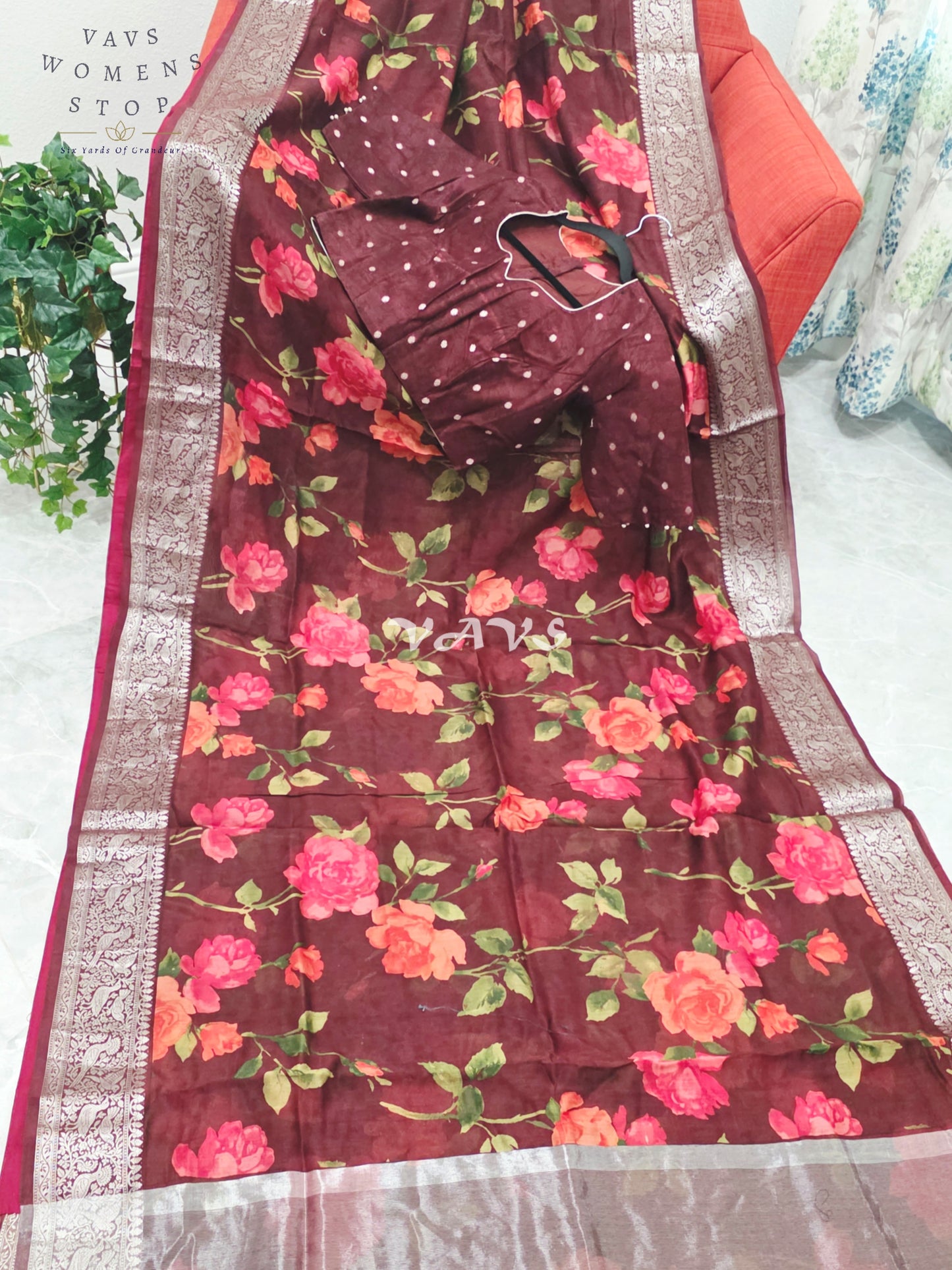 Royal Burgundy Wine Floral Print Chanderi Linen Cotton Style Saree with Stitched Blouse Size 40-46