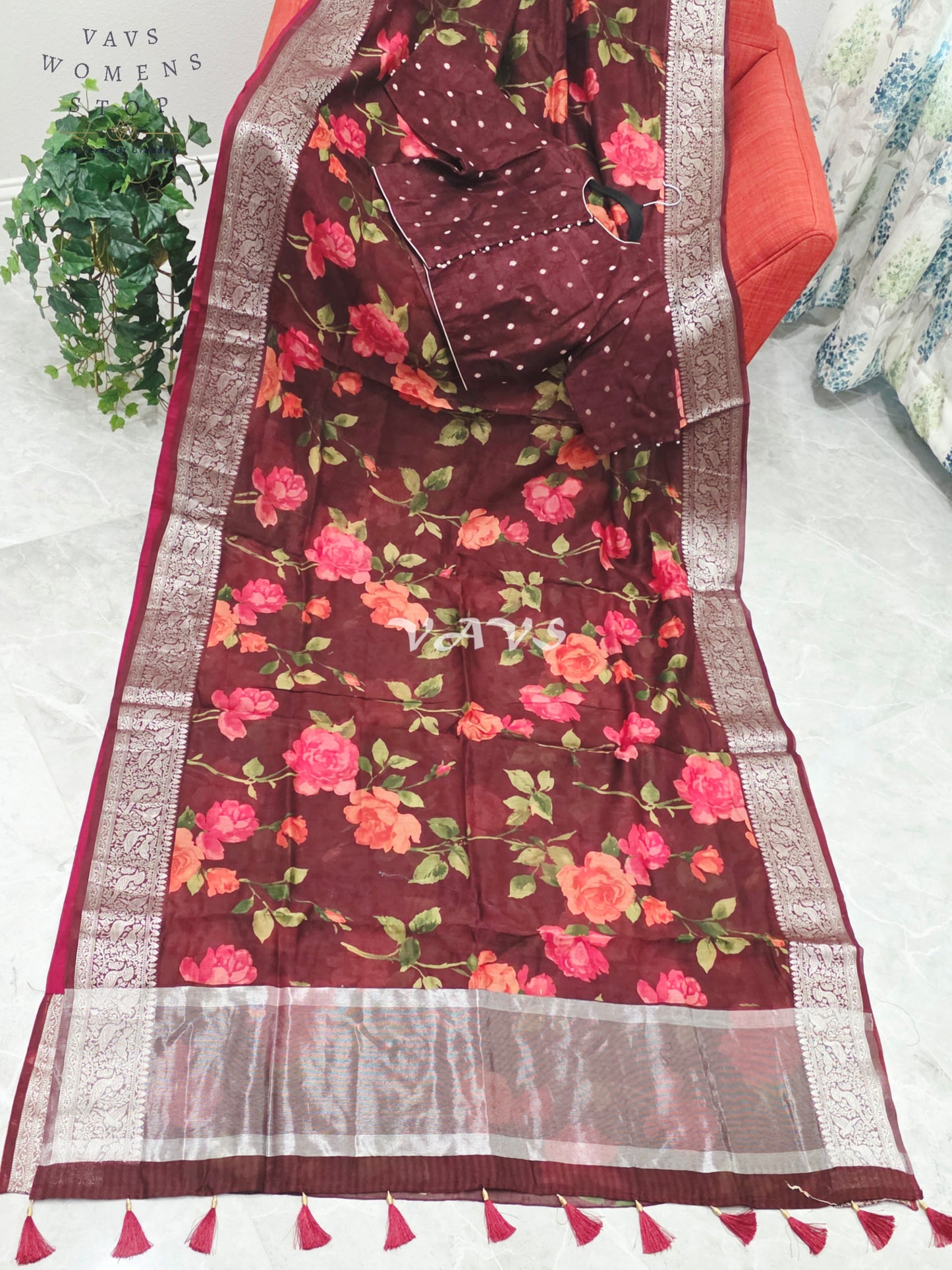 Royal Burgundy Wine Floral Print Chanderi Linen Cotton Style Saree with Stitched Blouse Size 40-46